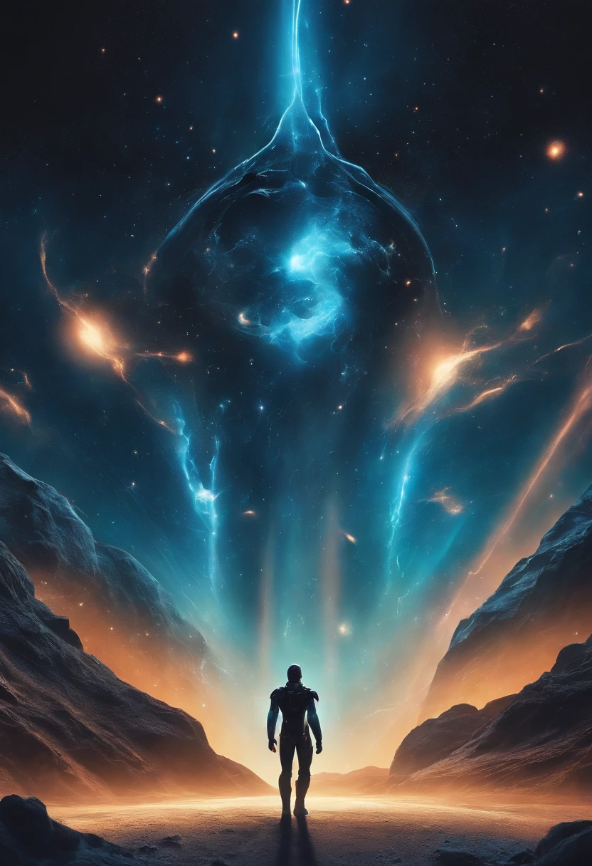 Imagine an electric blue nebula filled with psychedelic colors and pulsating plasma streams. A cyborg, half-human and half-android, floats in space, marveling at the alien technologies surrounding. illustration, dark magic splash, fantasy art, hand drawn, Accent Lighting, subtle motion effects, best quality, decorative art, low-poly, UHD, golden ratio composition, ((soft colors)), (cel-shading style)extremely saturated image (saturation 10) ink lined art, bold lines, illuminated by stars
