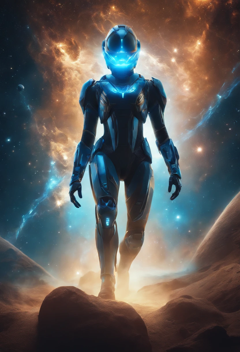 Imagine an electric blue nebula filled with psychedelic colors and pulsating plasma streams. A cyborg, half-human and half-android, floats in space, marveling at the alien technologies surrounding. illustration, dark magic splash, fantasy art, hand drawn, Accent Lighting, subtle motion effects, best quality, decorative art, low-poly, UHD, golden ratio composition, ((soft colors)), (cel-shading style)extremely saturated image (saturation 10) ink lined art, bold lines, illuminated by stars