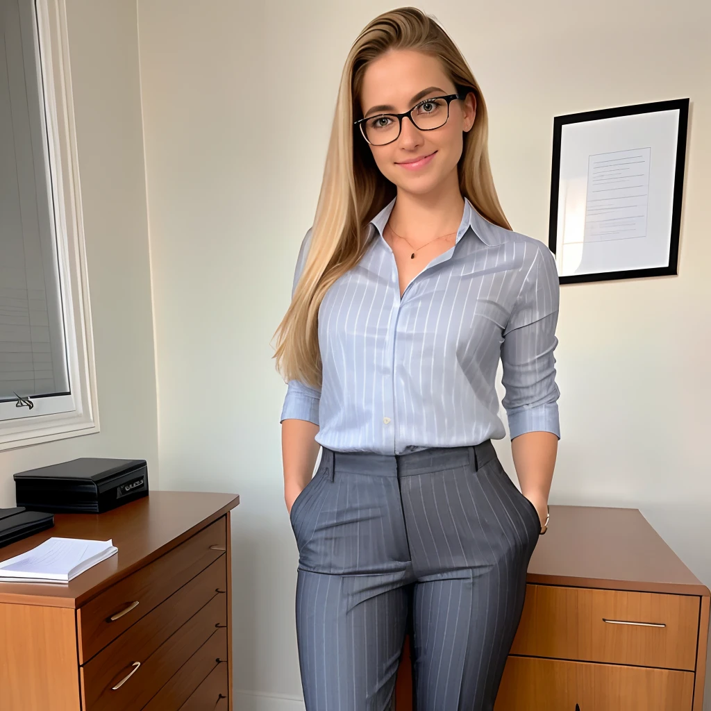 Photorealistic, , (((Full length))) full body shot , highly detailed, very attractive geeky glasses 18y petite female student therapist blonde perfect hair 4ft 9inch braless, very tight grey pinstripe pants , high heels , bent over receptionists desk , from behind ,ultra detail , (hyper-detailed face:1.3), (photo-realistic:1.3), Canon50 , 8K , Hyper realistic , intricate