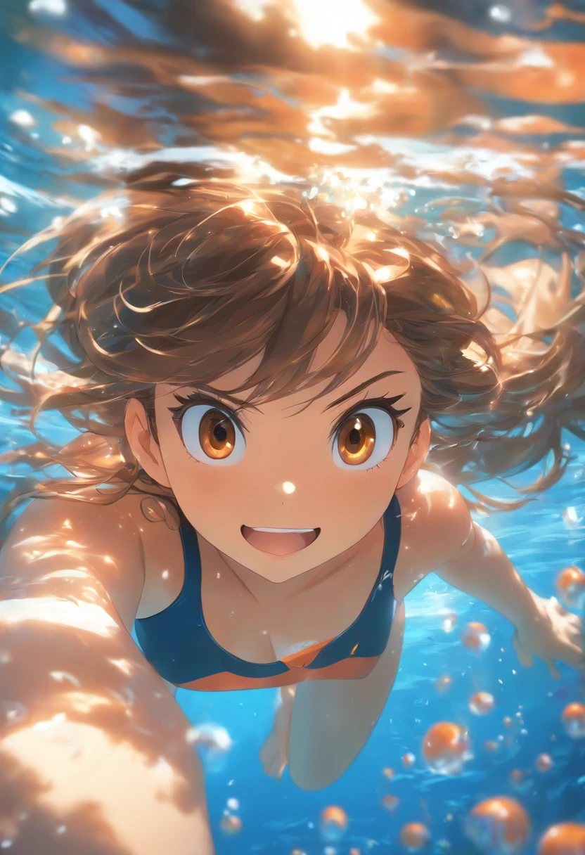 foreshortening, depth of field, masterpiece, best quality, 1girl, brown hair, brown eyes, long hair, underwater, air bubble, solo, looking at viewer, school swimsuit, swimming, dappled sunlight,