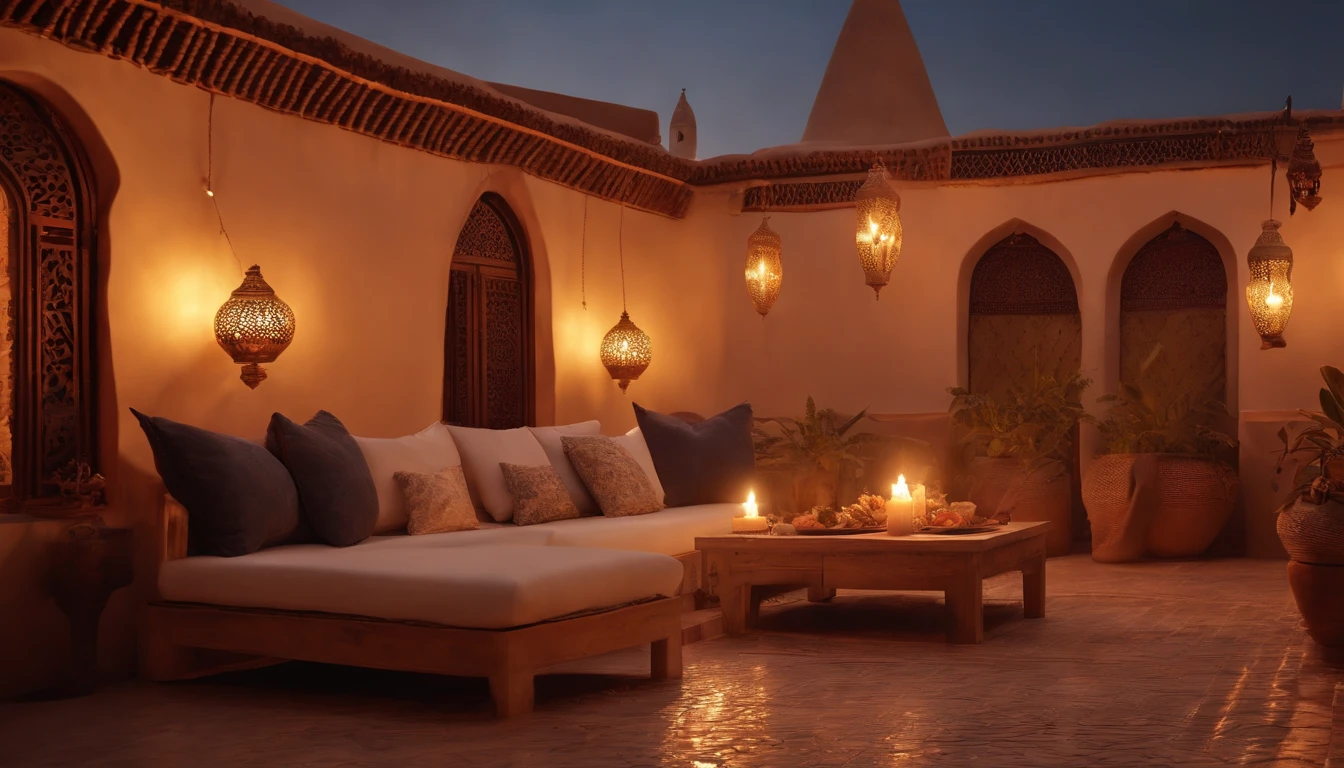 hyper realistic photo, ultra detailed photograph of a beautiful Moroccan rooftop, Amazigh pillows, photorealistic, riad rooftop, Marrakech sunset view, stunning, iridescent, hyperrealism, mats on floor, moroccan lamps, sexy, Ultra photoreal, Intricate details, Ultra detailed, elegant photorealistic, great high details, hyper real photo, 8k, extreme quality, roses, candles, exotic, glimmering lights, magical,