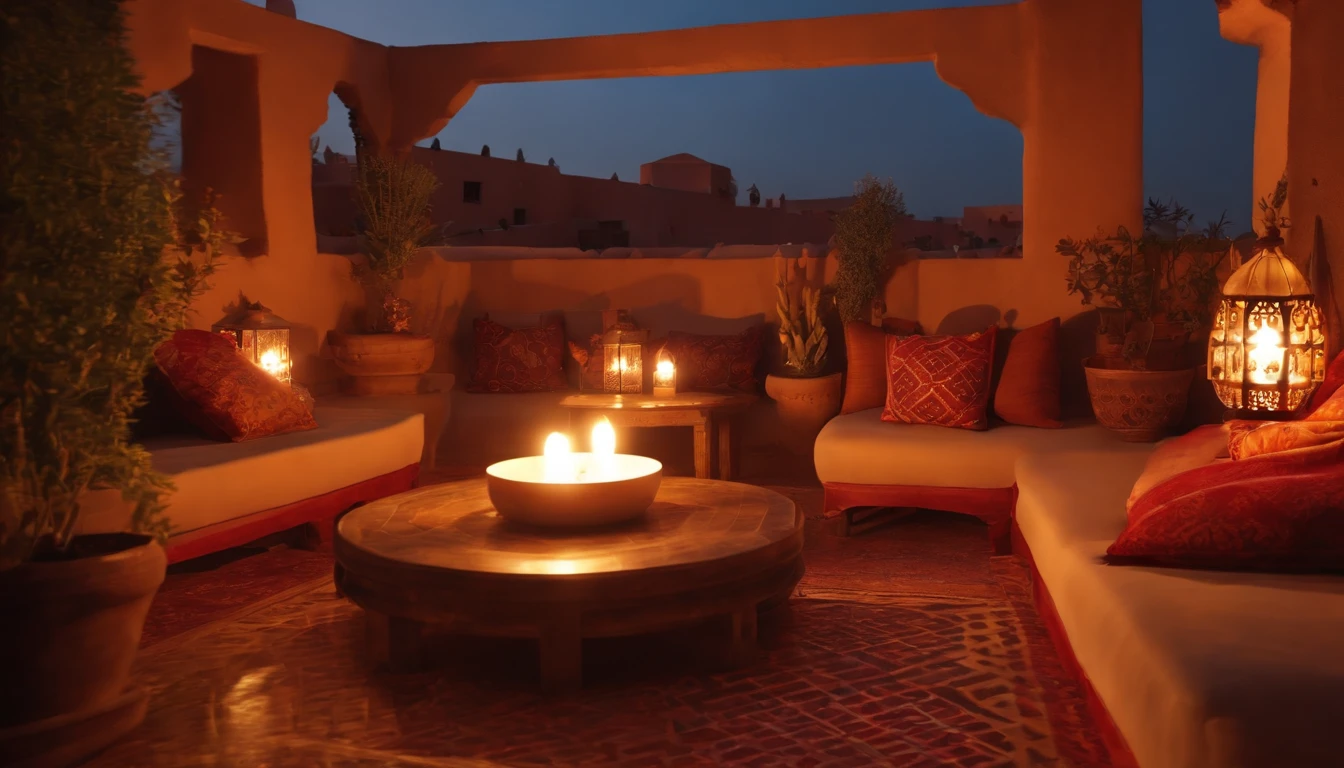 hyper realistic photo, ultra detailed photograph of a beautiful Moroccan rooftop, Amazigh pillows, photorealistic, riad rooftop, Marrakech sunset view, stunning, iridescent, hyperrealism, mats on floor, moroccan lamps, sexy, Ultra photoreal, Intricate details, Ultra detailed, elegant photorealistic, great high details, hyper real photo, 8k, extreme quality, roses, candles, exotic, glimmering lights, magical,
