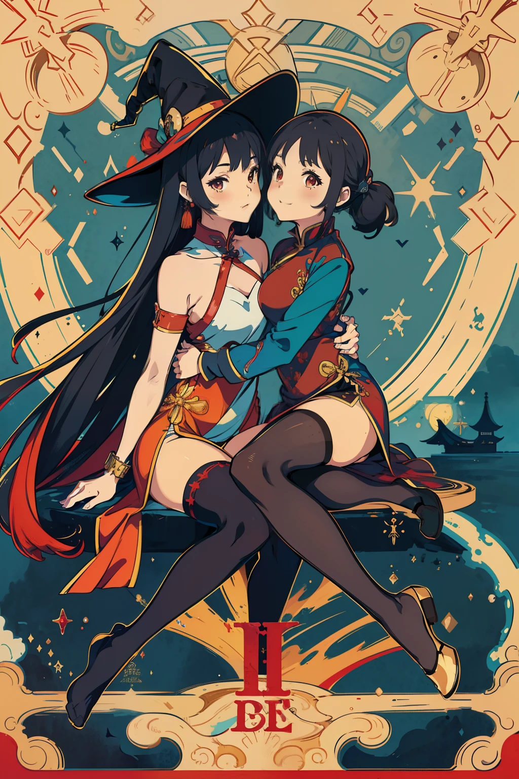 matching hairstyle,Match poses,sexyposture,High split end,high-waist,Bright colors,Magic background,water background,Traditional Chinese ancient background,Chinese dragon flat pattern,Chinese moire,the sky background,2girls,2 Witches,Witch hat,Stocking tights,Jumpsuits,Intimate dress,Wrap tightly,Pantyhose wrapped around the hips,Sexy,Wrap your entire body in clothes,Dress conservatively,silk dress,Not exposed,mistic,abstact,Lady,Smiling,inquisitive,extremely beautiful legs,Sexy girl pose,lesbian,French kiss,Wet kiss,face to face,hugs,cuddle,Close contacts,Snugly fit together,Side Body,Kiss,tongue kissing,Lovers,stroking each other,desire big breasts,squelch,Body overlap,squishing,Squeeze the chest,Squeeze each other's chests,Love,Love each other,sitting on the stone,garter,leg loops,Pantyhose wrapped around the hips,body curve,stooped,mistic,Stocking tights,Jumpsuits,((((dramatics))),A movie poster with a young woman as the central character。Witch hat,schoolgirl,She stands confidently in the center of the poster,Wear fashion-forward attire。The background is dark and tough,There is a sense of danger and intensity, The color palette is predominantly dark,With bright colors,giving the poster a dynamic and visually striking appearance,tachi-e (Magazines:1.3),(Cover style:1.3),Fashionab,woman,with dynamism,garments,posing on a,frontage,rich colourful,dyna,Background with,element in,self-assured,Expressing the,halter,statement,Accessories,A majestic,coil,Runt,Touching pubic area,Scenes,Cover of a,Bold,attention-grabbing,Fashionab,Catchy,titles,more big,attention-grabbing, modern day, Fashionab, focal, Fashionab,There is no title,There is no text