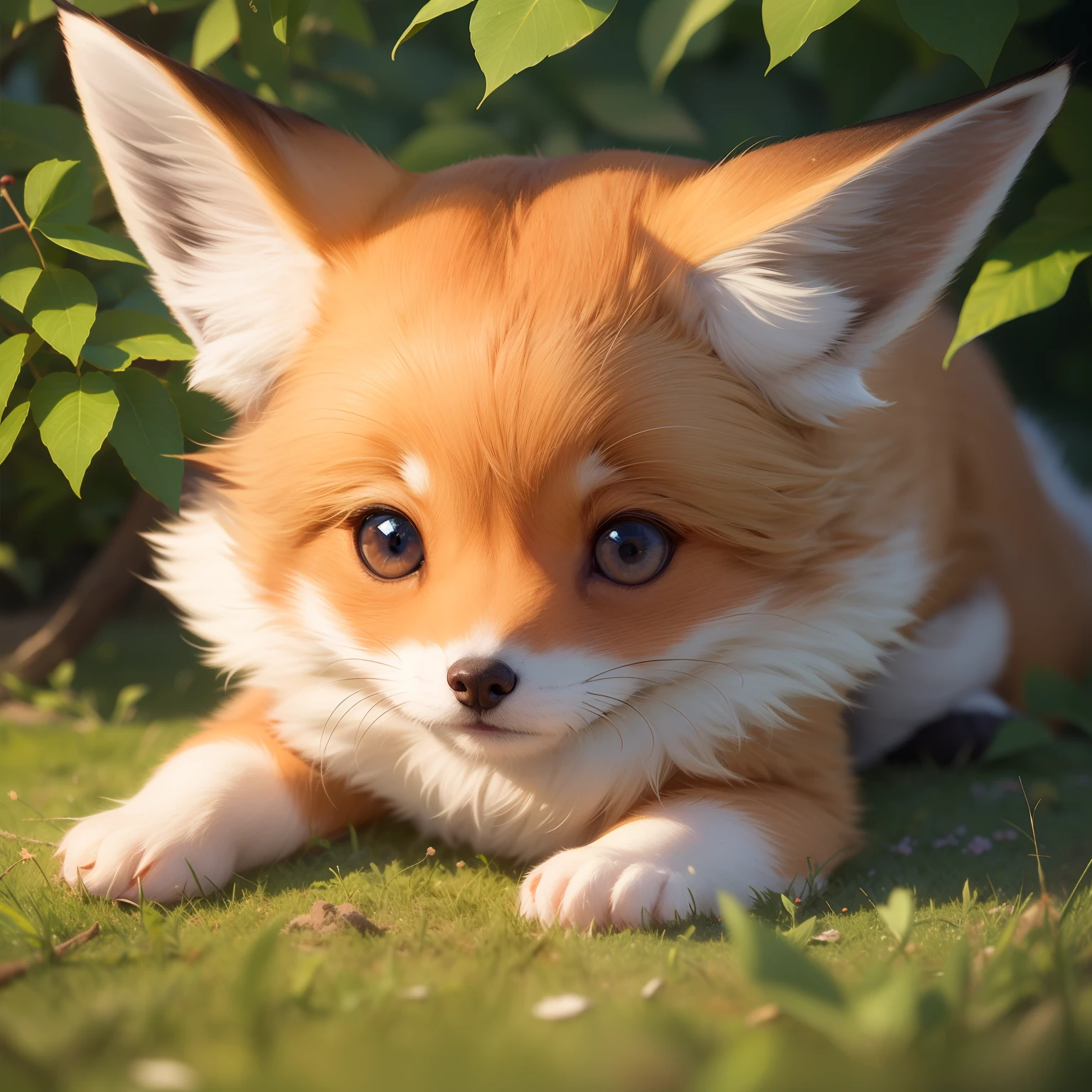 (Best quality), (masterpiece:1.3), (photorealistic:1.36), (realistic), ultra-detailed, Japanese Anime Style, Moe, 1fox, chibi, Tiny, a fox wearing kimono clothing, red eyes, the twilight, Lateral, looking at viewer, Rolling around on the bush,