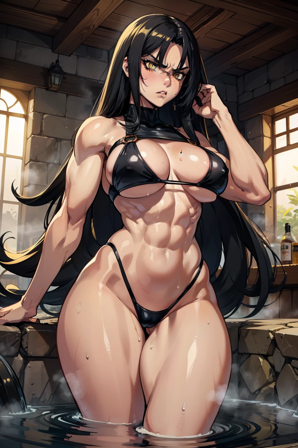 1 girl, ((muscular)), black hair, yellow eyes, large breasts, extremely long hair, navel, thick thighs, sweaty, bath house, angry