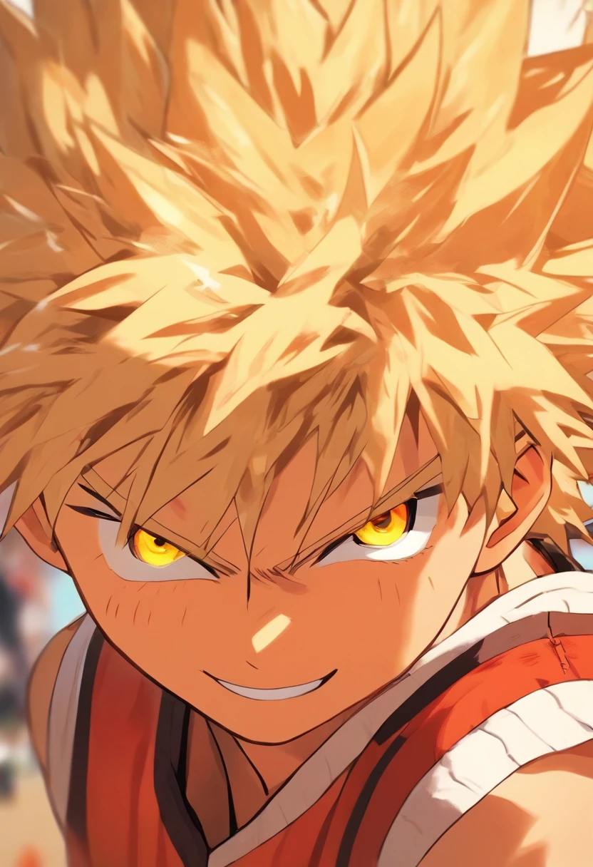 Bakugo katsuki, red tight colored eyes, yellow hair, junior high school boy in school  sit on the edge of the playground and draw on drawing boards，basketball_uniform, ssmile，photore，8K，A high resolution，Highest texture， --v6