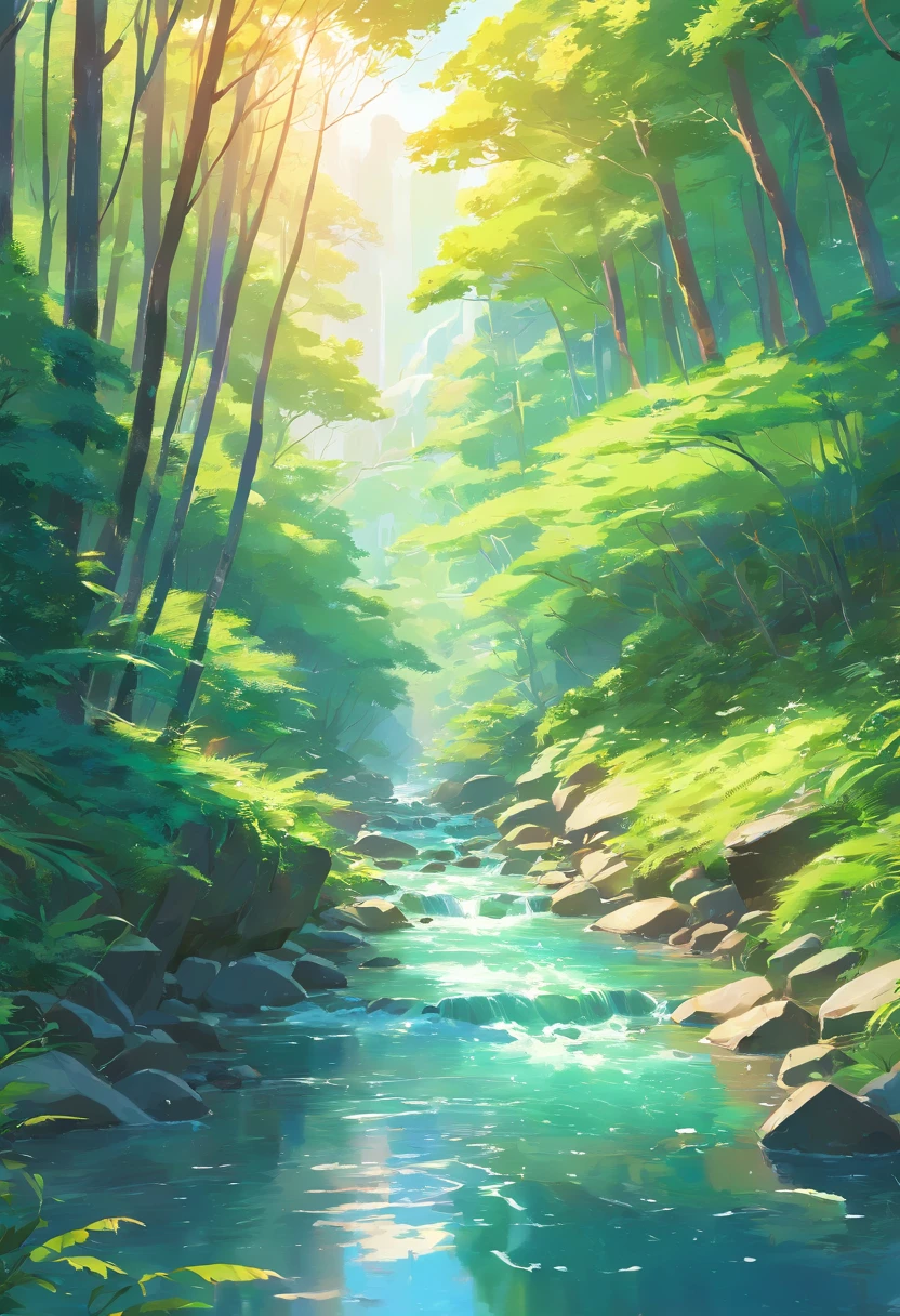 a close up of a stream running through a lush green forest, ross tran. scenic background, ryan dyar, environment painting, beautiful oil matte painting, photorealistic landscape, 4k hd matte digital painting, 8 k resolution digital painting, 8k resolution digital painting, hyperrealistic landscape, inspired by Raphael Lacoste, illustration matte painting, beautiful digital painting