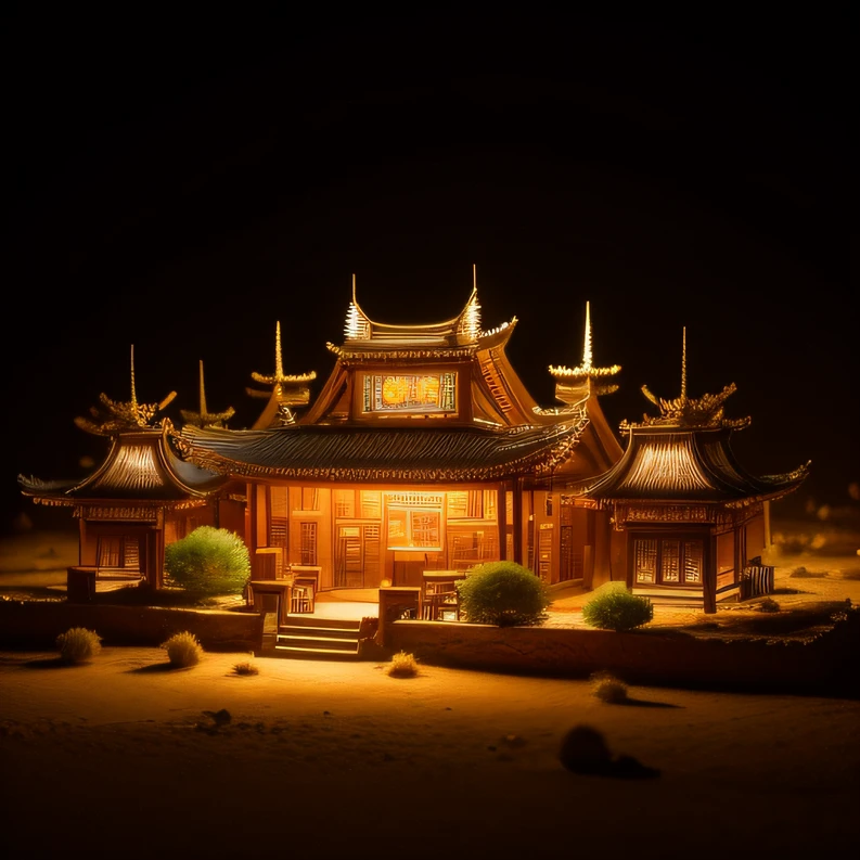 （（top Quority，8K，tmasterpiece：1.3））5 star hotel in the desert：60000 miniatures，3D equidistance，Tang dynasty style，Realistic painting，cinematric light，Lunar soil，deep in the night，Magnificent