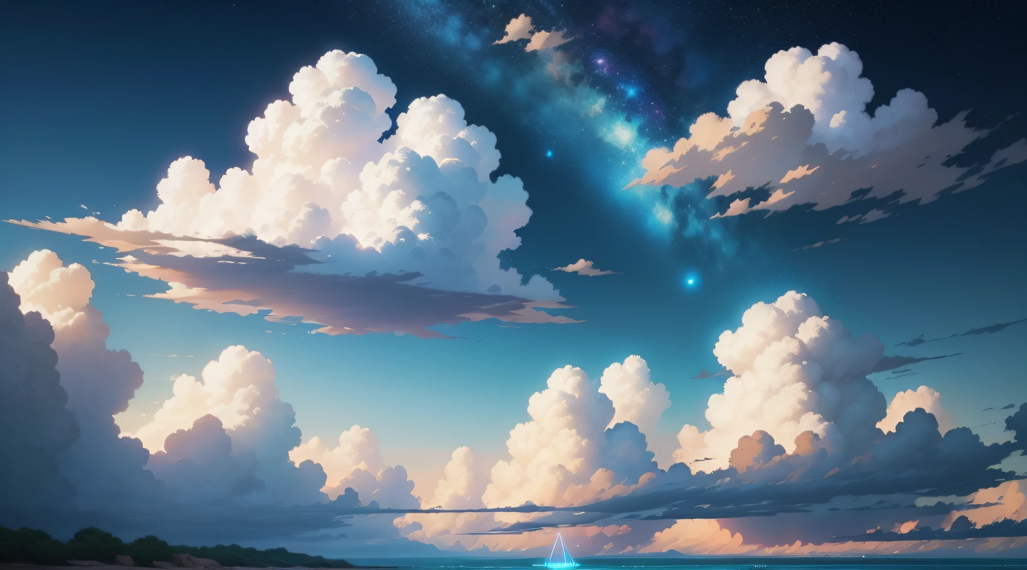 There is a painting of the sky with clouds and stars, Midday Sun、Cosmos Sky. by makoto shinkai, Anime Sky, Blue Sea. by makoto shinkai, Anime Cloud, style of makoto shinkai, by Ross Tran. scenery background, in the style of makoto shinkai, By Shinkai Makoto. - H 2160, beautifull puffy clouds. Anime