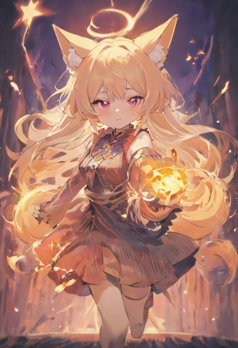 white long hair and fox ears,Heterochromic pupils,Wears a Japanese witch costume dominated by white,Cute body type,Has 9 big furry tails,Look viciously,Posture of attack preparation