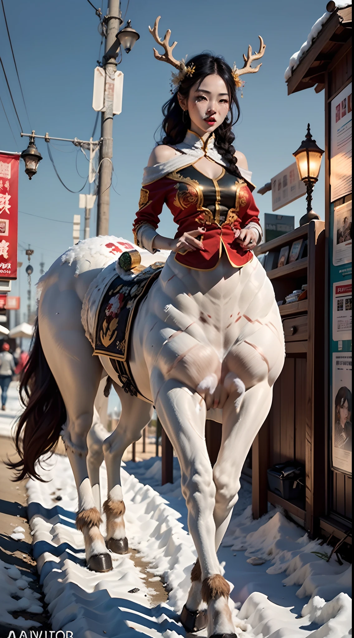 In a very grand scene,The extra-large wide-angle lens captures the appearance of a female centaur。She is tall,It has the ultimate curvy beauty,The muscles are slender and firm,Beautiful lines。Her facial features are tough and coquettish,The top of the head grows huge white antlers,Always with a sunny smile。She wears special equipment sponsored by Moutai Group,It has the extra large word "Moutai" on it,Step on multifunctional off-road style heels。The detection equipment around you flashes various cue lights and neon-like information screens,All have Moutai's unique red and white design and Luckin's unique blue background white deer design,Let her exude a charming brilliance。Use Midjourney's advanced tools,(Costumes for female centaurs with the Chinese characters "Moutai" and the sponsorship logo unique to "Luckin" are designed:9.9),Highlight her unique physiological characteristics and appearance details,Add realism。And in her adventure scene,Spectacular views of nature,Such as the sky where storms and sunny days alternate、Brilliant rivers of stars and auroras、The snow-capped summit of Mount Everest、Fireworks in the mountain town, etc。ao mesmo tempo,Away from the hustle and bustle of Long Beach Pier is a neon-lit spaceship docked,Create a fantastic scene。Use Midjourney's advanced tools and multiple color palettes、Brush Strokes、Texture tools and model packages,It shows a sense of atmosphere where beauty and charm coexist。The charm of the female centaur is highlighted through color and lines,Enhance realism with detailing,Create a surreal dreamy feeling。Additionally,Use Midjourney's tools to add various extreme sports gear and "Moutai" to the female centaur、"Luckin" cultural ornaments,Create intricate hairstyles and outfits,Give her a sense of premium。She never flinches,Regardless of the terrain,can respond quickly,Even the extreme geography and dangerous terrain of aliens cannot stop her。Use Midjourney's powerful tools,You can do it with incredible detail and beauty,B
