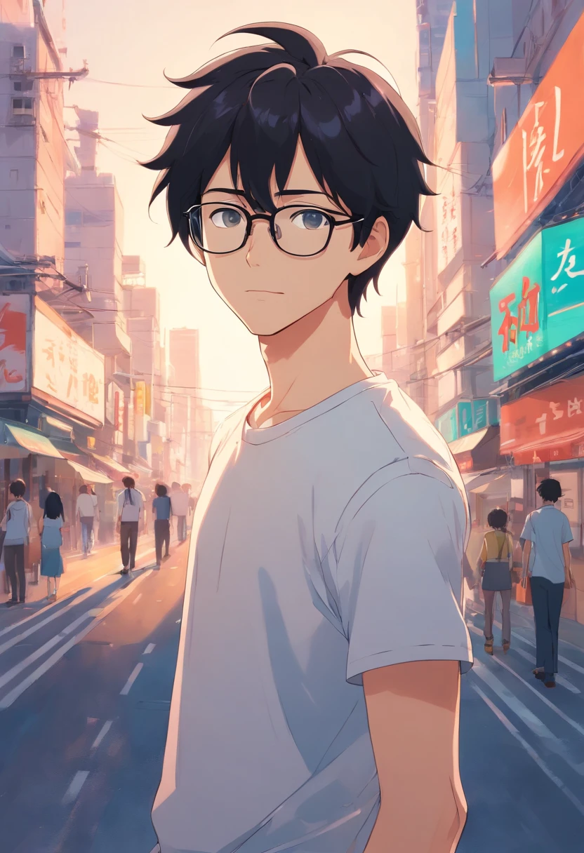 guy with a black hair wearing eye glasses, wearing white t-shirt
