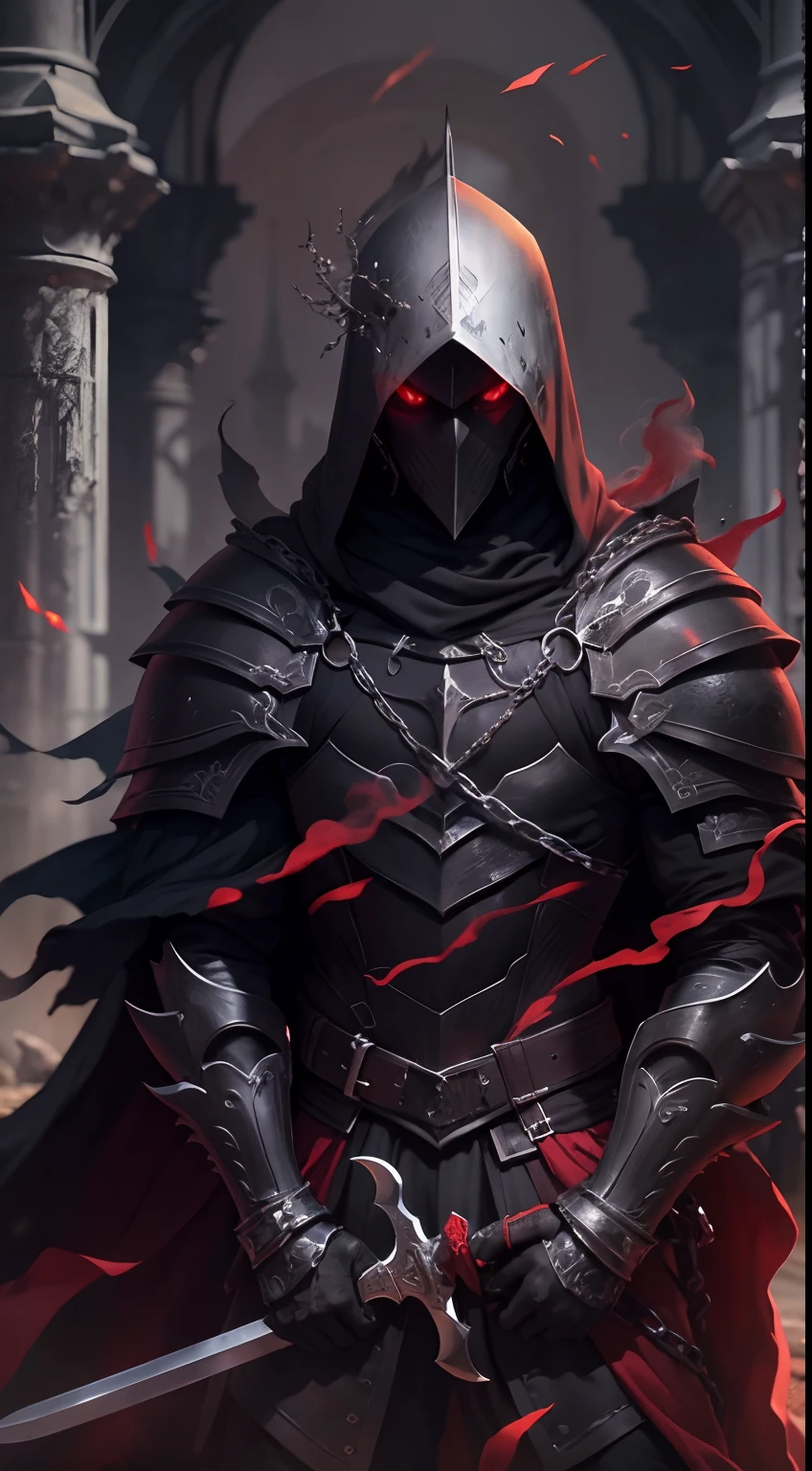 shadow knight ,male ,no face ,badass ,cool side pose ,black armor ,chains vest under black armor ,long red veil ,white frame eyes ,hold a silver white sword ,dark aura ,dark ,smoke ,ruined castle background,masterpiece ,best quality ,ultra-detailed ,high res ,8K ,detailed background