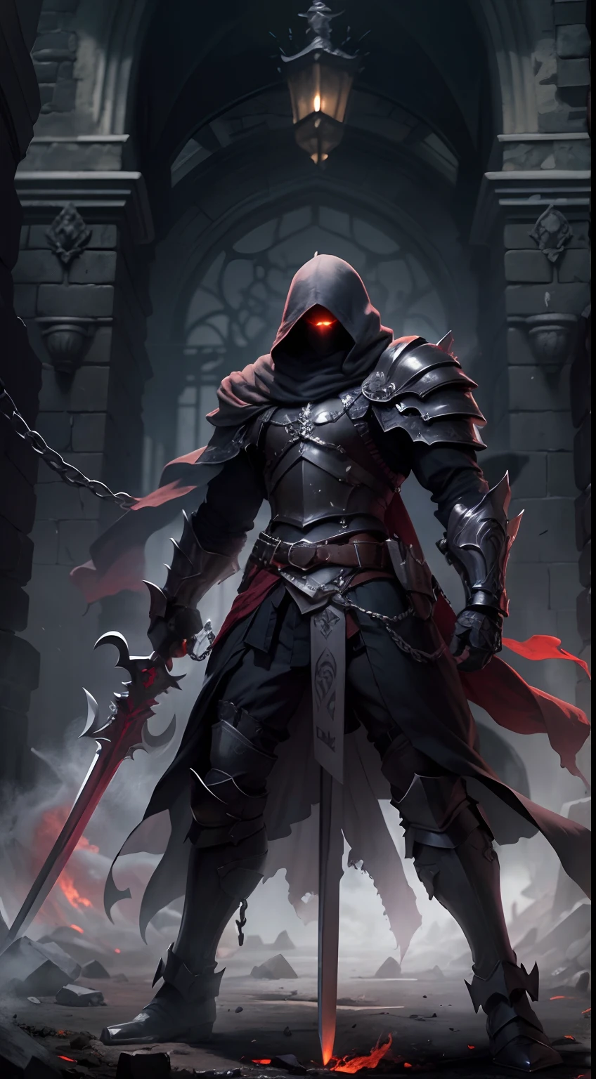 shadow knight ,male ,no face ,badass ,cool side pose ,black armor ,chains vest under black armor ,long red veil ,white frame eyes ,hold a silver white sword ,dark aura ,dark ,smoke ,ruined castle background,masterpiece ,best quality ,ultra-detailed ,high res ,8K ,detailed background