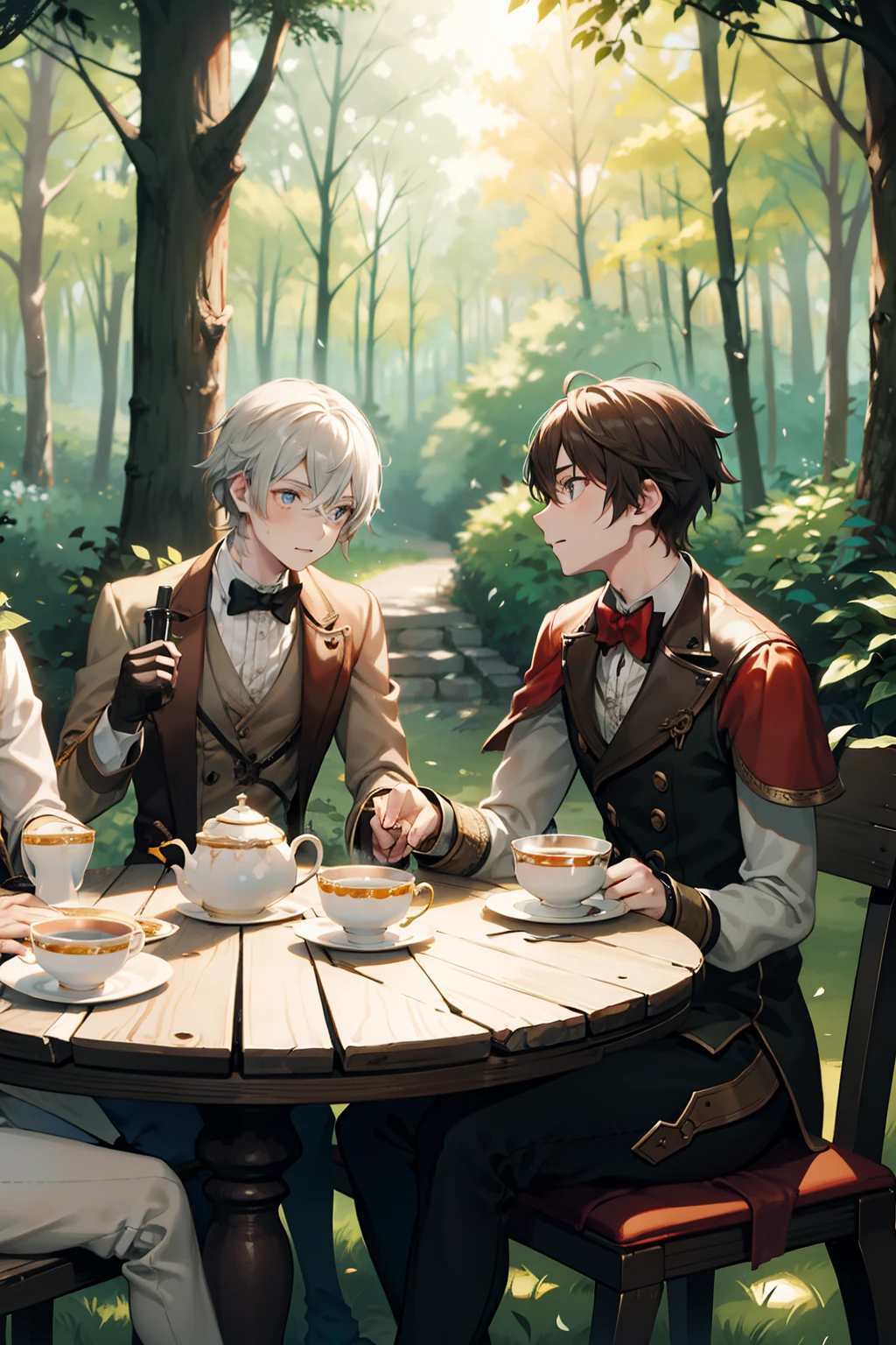 tea parties　the woods　male people　twinks　{{ember}}　steampunc 　4 people sit around a table