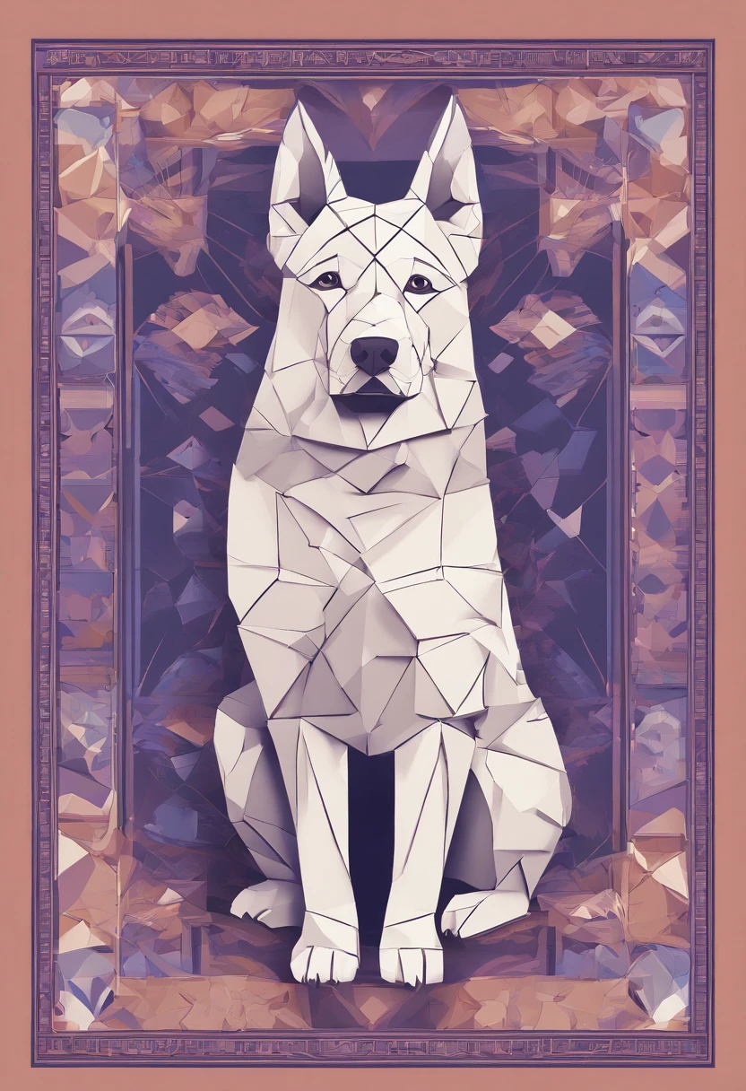 the dog is in bluein this paper cut illustration, in the style of eastern-inspired motifs, lith printing, eye-catching tags, precisionist lines, light purple and cblue, clean and sharp inking, terracotta medallions