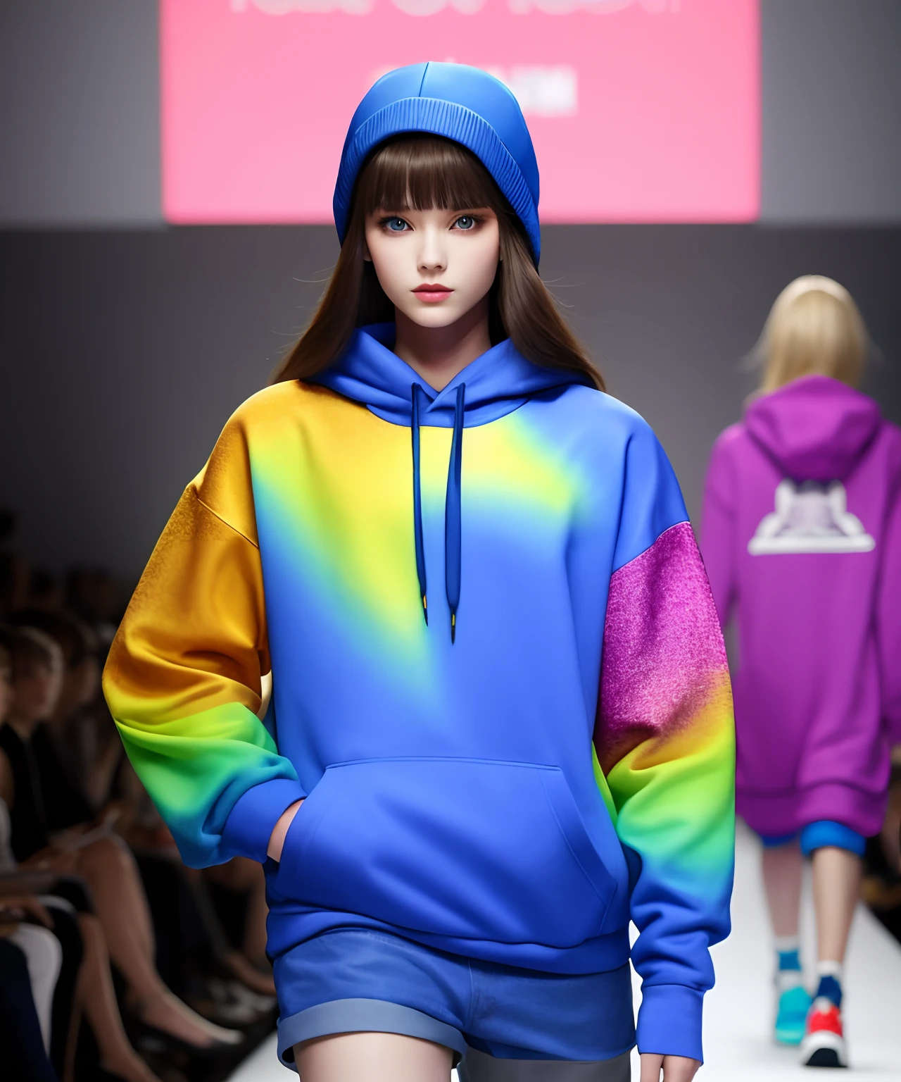 Catwalk,Mannequin,Sweatshirt,Fashion show,coloured with lots of colour,1 person