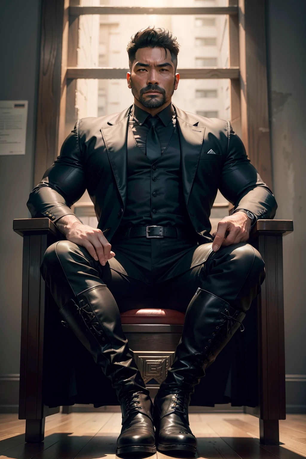 39-year-old middle-aged man，Man，uncles，Height 195，Asian people，seated on a throne，God perspective，The eyes are about to face each other，Chinese men，musculature，Lift one foot，Wears a long black trench coat，Black socks，Black tall riding boots，Wear riding boots，wearing military shoes，Black riding boots，Ferocious and ferocious，Prison background，Rope in hand