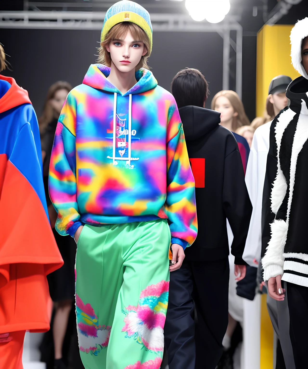 Catwalk,Mannequin,Sweatshirt,Fashion show,coloured with lots of colour,1 person