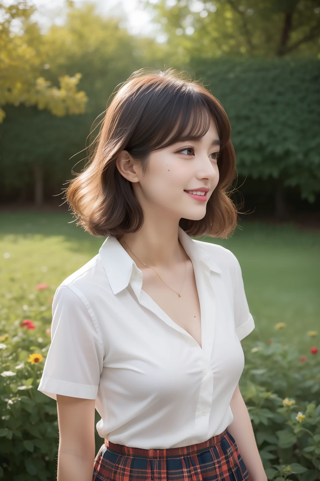 NSFW, 8k RAW photo, Best Quality, masutepiece, 超A high resolution, Film grain, filmg,( 20yr old, Slender face, 1girl in, slanted eye, eyesight, long eyelashes, Eye Highlights, Mole under the eyes), Looking at Viewer, Natural Skin Texture, A perfectly proportioned face, Dimples, realistic eyes and face details, Full lips, lip stick, (makeup), Red eyeshadow, Perm Hair, Fluffy short hair, hair messy, Smile, closes mouth, Beautiful legs, Tall lady, skinny, slim_Legs, Solo, huge-breasted, cleavage, Ultra short skirt, Ass, Shirt, (beautiful nature location, around flowers location), (Detailed background), (Beige plaid skirt, White shirt), huge-breasted, cleavage, Show a little cleavage through the shirt, lowfers, Blurry background, Blurry, Plaid, Short sleeves, Brown hair, Bangs, ((School uniform)), a necklace, Parted lips, Lips, From Side, Pleated skirt, depth of fields