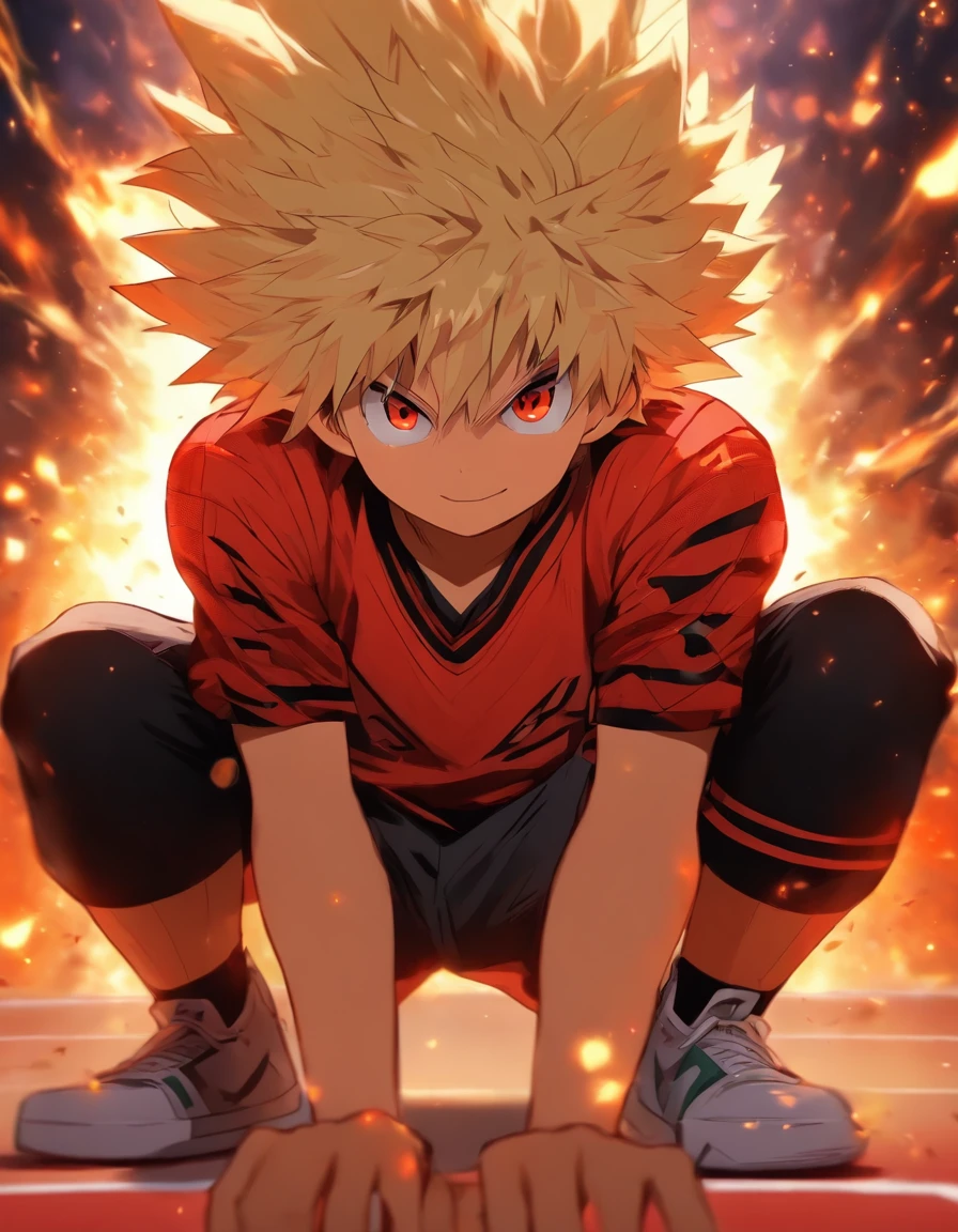 Bakugo katsuki, red tight colored eyes, yellow hair, junior high school boy in school sit on the edge of the playground and draw on drawing boards,basketball_uniform, ssmile,photore,8K,A high resolution,(red_eyes) Highest texture, --v6