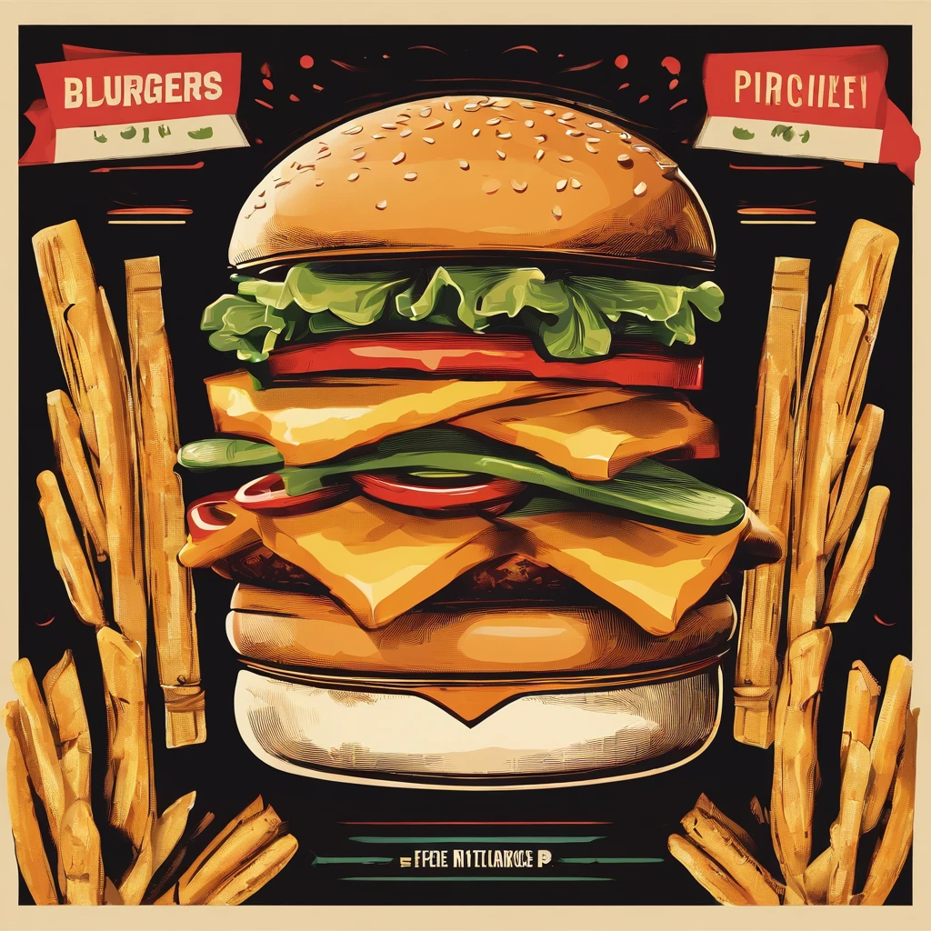 Poster of burgers and fries, The burger in the middle of the picture occupies a third of the image,French fries on the side. The poster shows vintage colors. Flat vector illustration