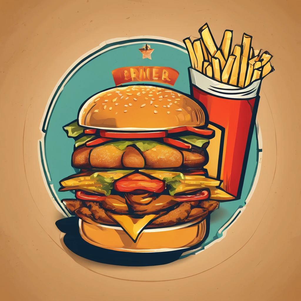 Poster of burgers and fries, The burger in the middle of the picture occupies a third of the image，French fries on the side. The poster shows vintage colors. Flat vector illustration