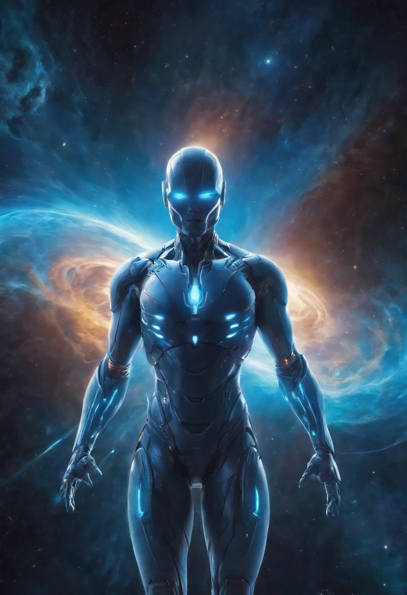 Imagine an electric blue nebula filled with psychedelic colors and pulsating plasma streams. A cyborg, half-human and half-android, floats in space, marveling at the alien technologies surrounding. illustration, dark magic splash, fantasy art, hand drawn, Accent Lighting, subtle motion effects, best quality, decorative art, low-poly, UHD, golden ratio composition, ((soft colors)), (cel-shading style)extremely saturated image (saturation 10) ink lined art, bold lines, illuminated by stars