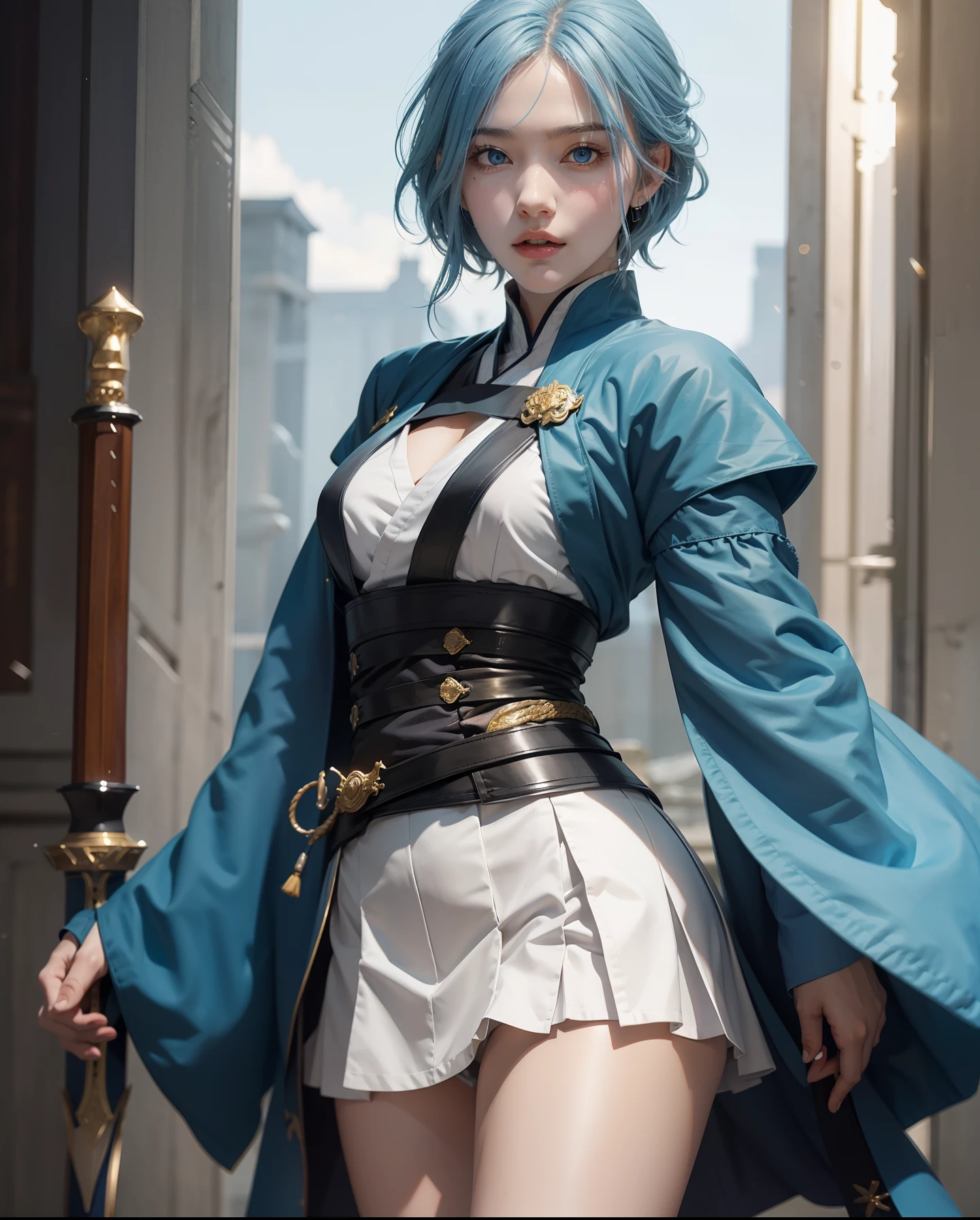 Kentey Academy Uniform、Swordsmanship Master、1Beautifulwoman、Kenjutsu Academy Uniform、,Blue hair,short-cut、skirt by the,Golden and blue eyes、Dynamism、Slow shutter、