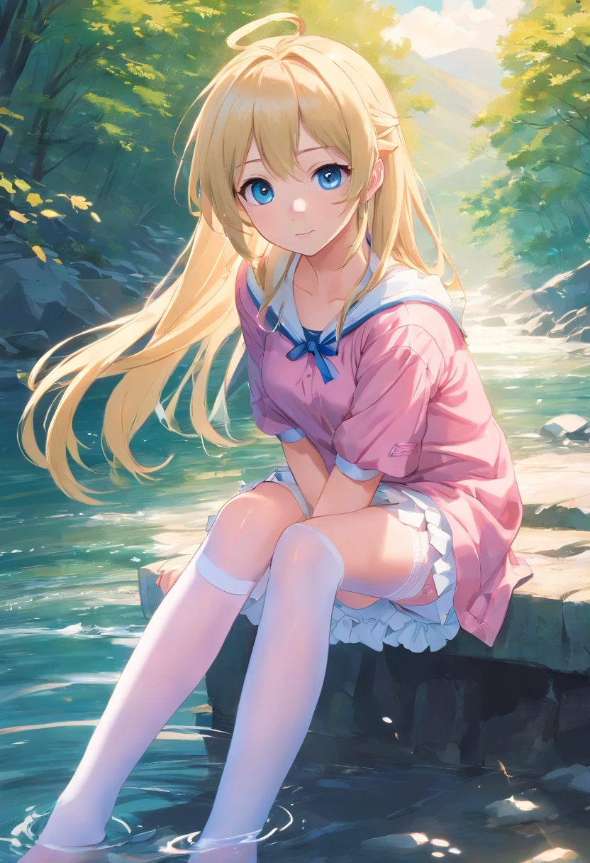 blonde with blue eyes,Pink and white clothes,River fantasy,white stockings,444 Hz, Beautiful, Breathtaking, Highly detailed, 8K, Use, Affectionate, Ultra photo realsisim, scenery