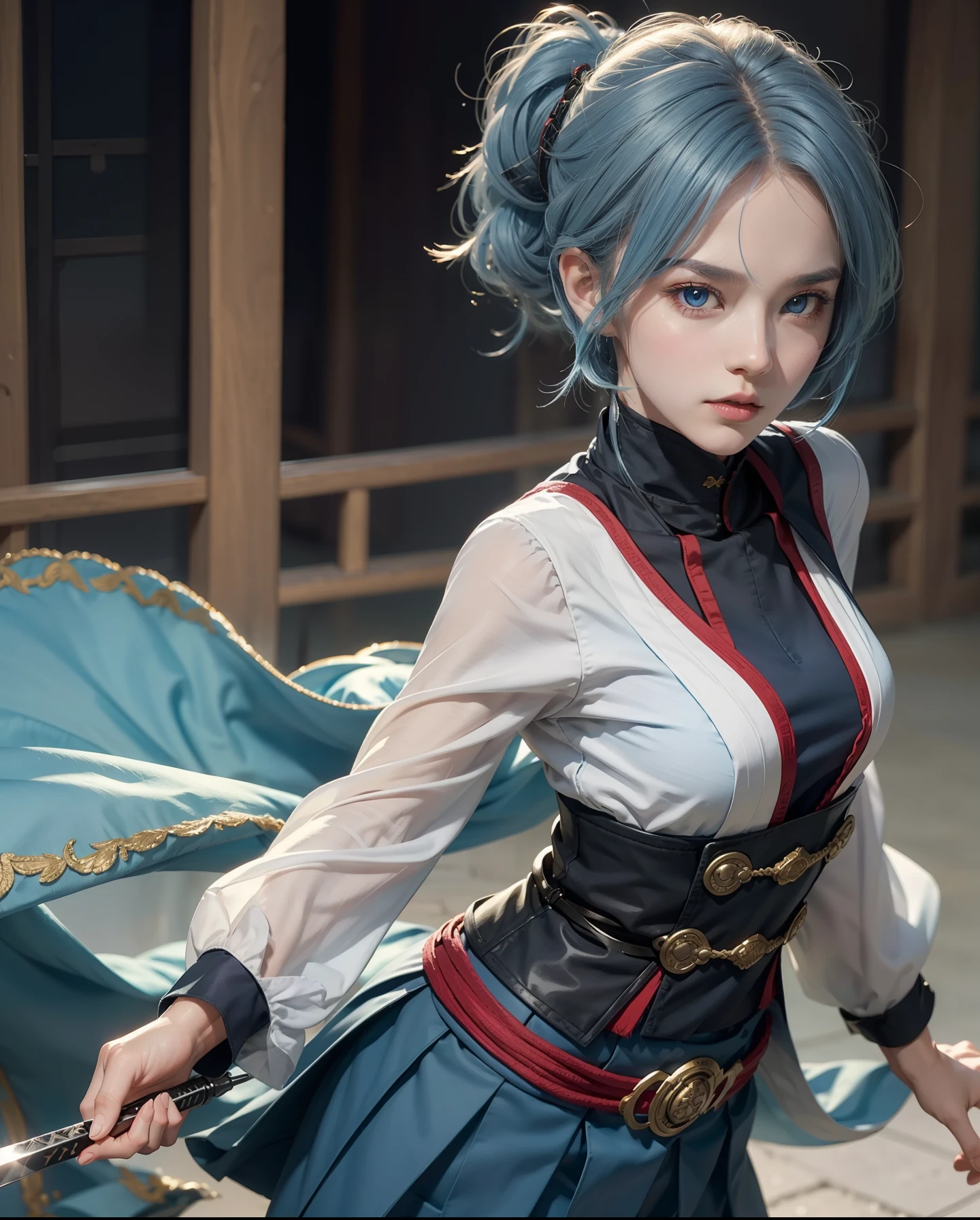 Kentey Academy Uniform、Swordsmanship Master、1Beautifulwoman、Kenjutsu Academy Uniform、,Blue hair,short-cut、skirt by the,Golden and blue eyes、Dynamism、Slow shutter、