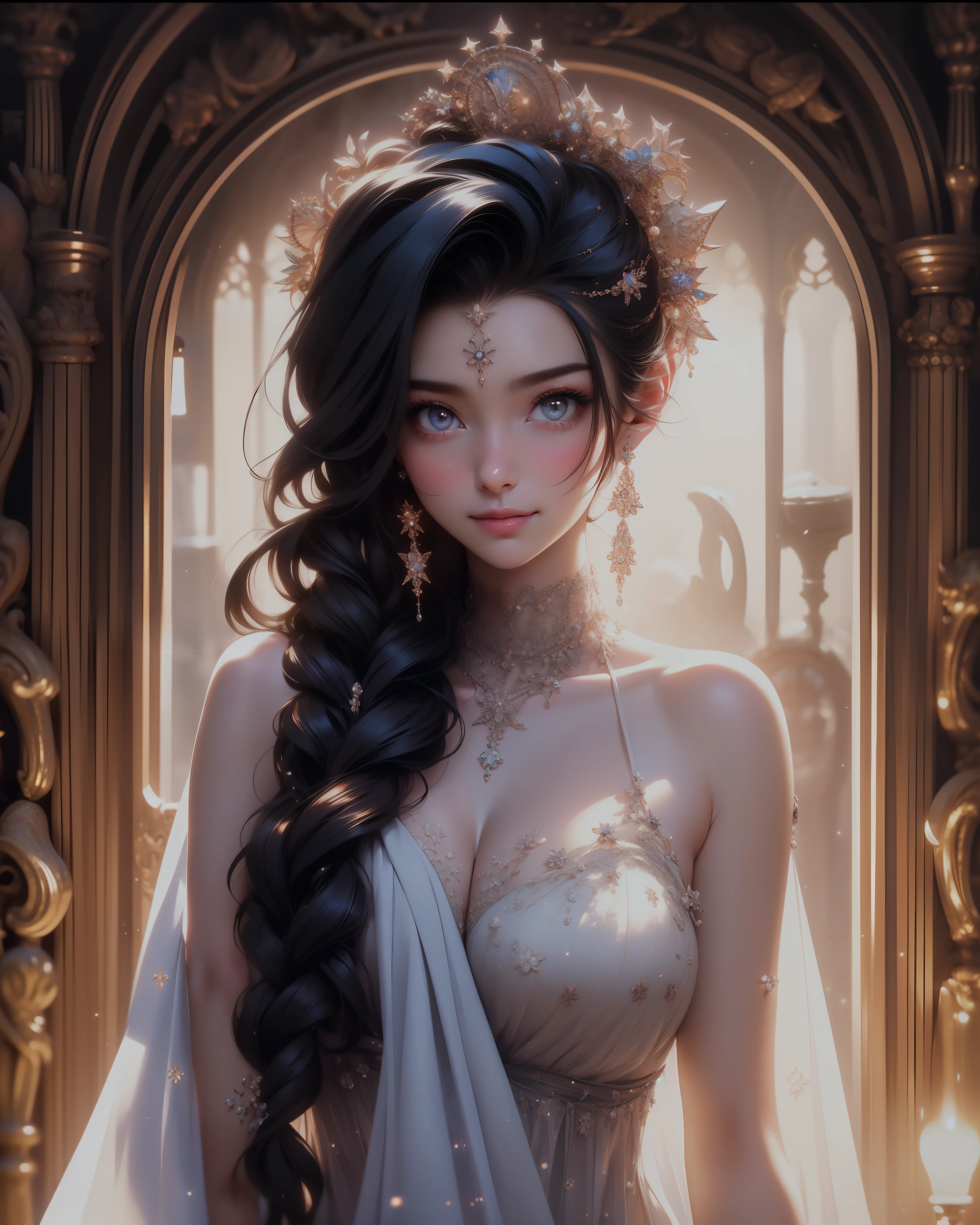 Masterpiece, absurderes , (Intricate details), (Colorful),Cinematic lighting,Bust Up Shot,Extremely detailed Cg Unity 8K wallpaper,Masterpiece, absurderes ,Hana than Hinata, 1girll, White eyes, No Pupil,Towels, Breasts, The background is blurred out, Smile, pony tails,view the viewer, White eyes, Hair up, ????? towel, Blurry, frontage, 浴室, Shower head,tinas, After bathing, Be red in the face,perspire,is shy,nose blush,