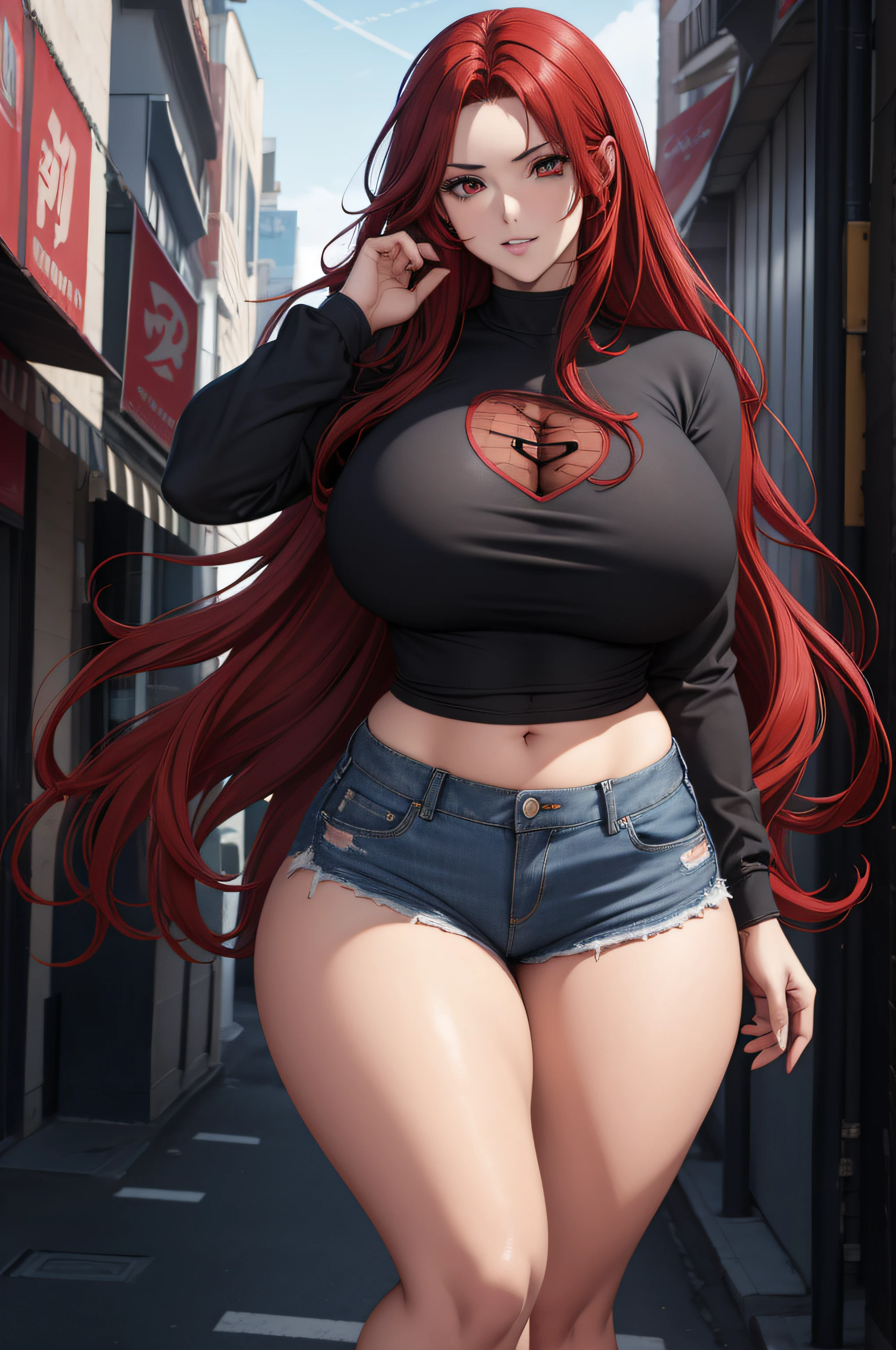 1 girl, long red hair, red eyes, wearing plain black shirt, denim black shorts, big chest, sexy, hot, thick thighs, city, absurdness, high res, ultrasharp, 8K, masterpiece, looking at viewer