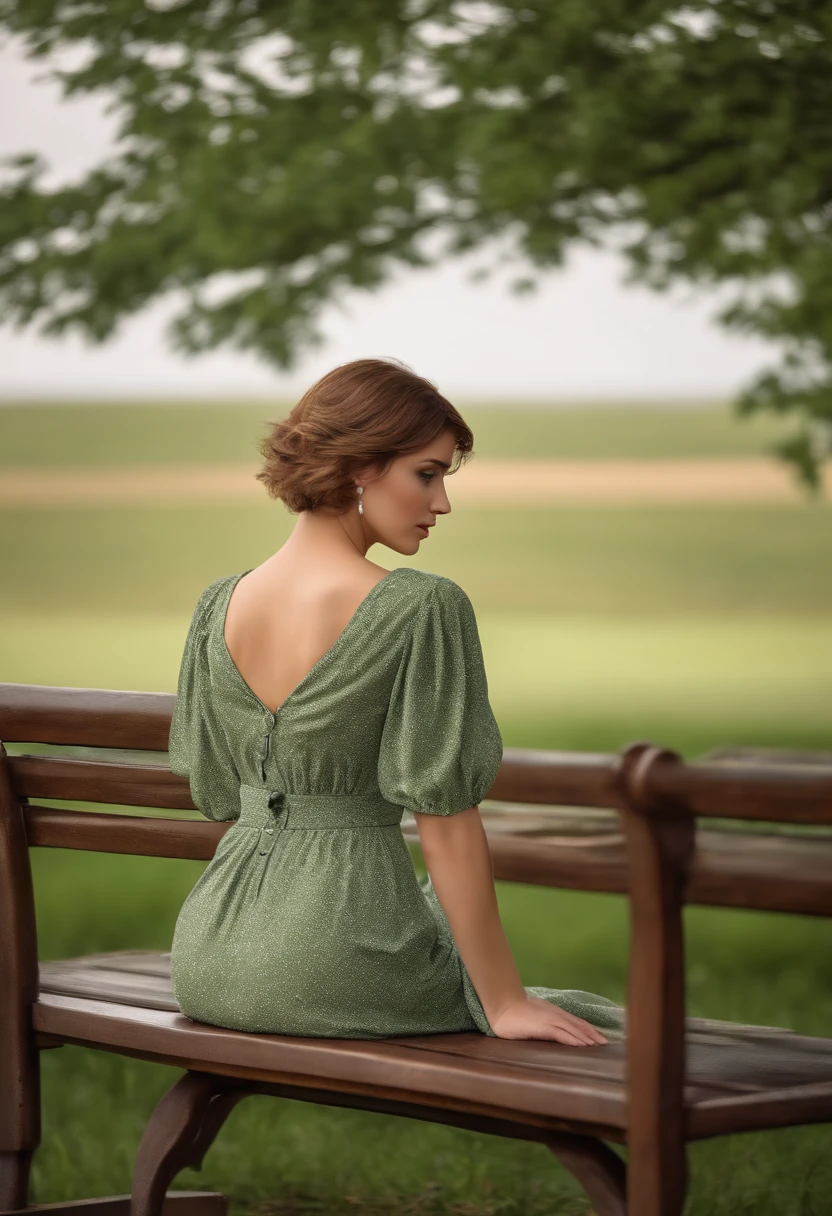 Pretty young woman, green pupils, short hair, realistic, setting on a bench, watching the calm field, she wearing a simple dress