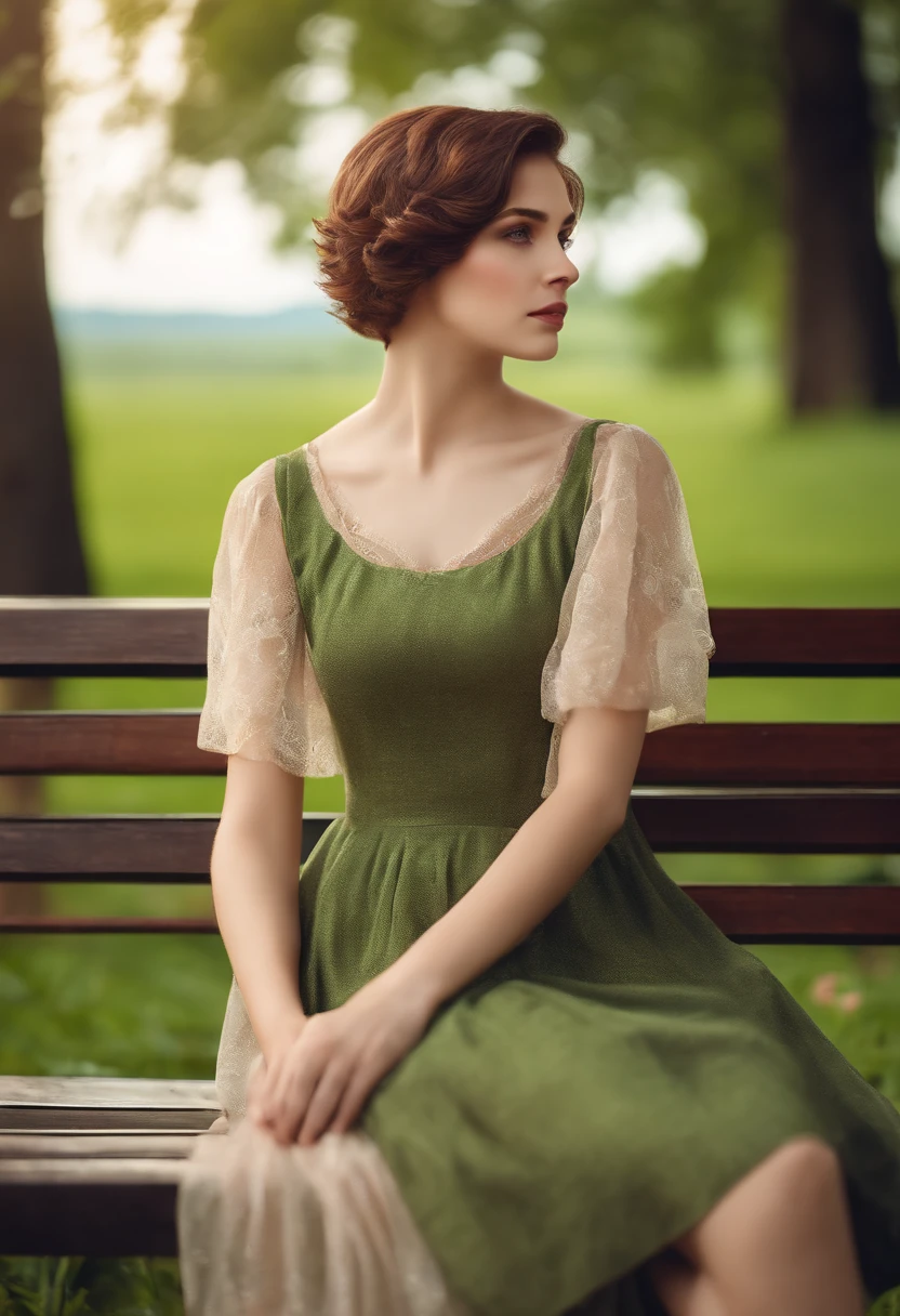 Pretty young woman, green pupils, short hair, realistic, setting on a bench, watching the calm field, she wearing a simple dress