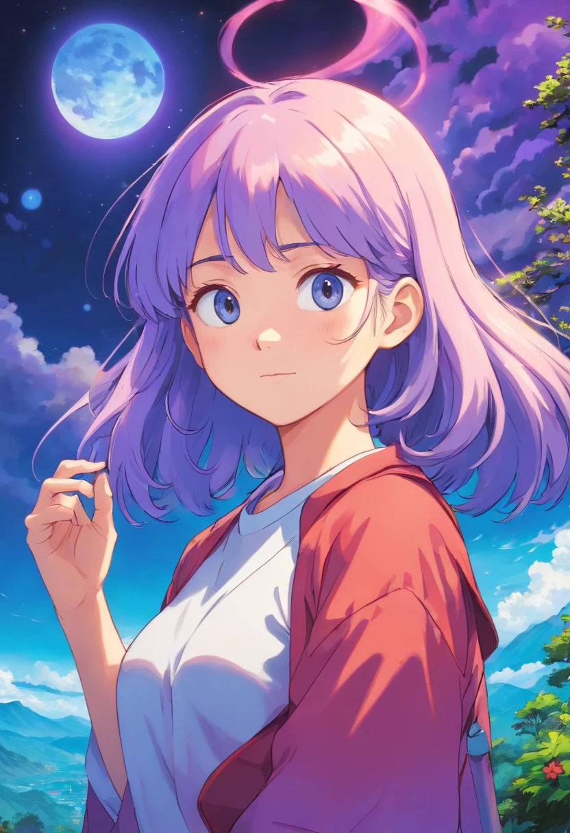 Uma personagem feminina usando uma blusa roxa, com uma bunda grande e peitos medios