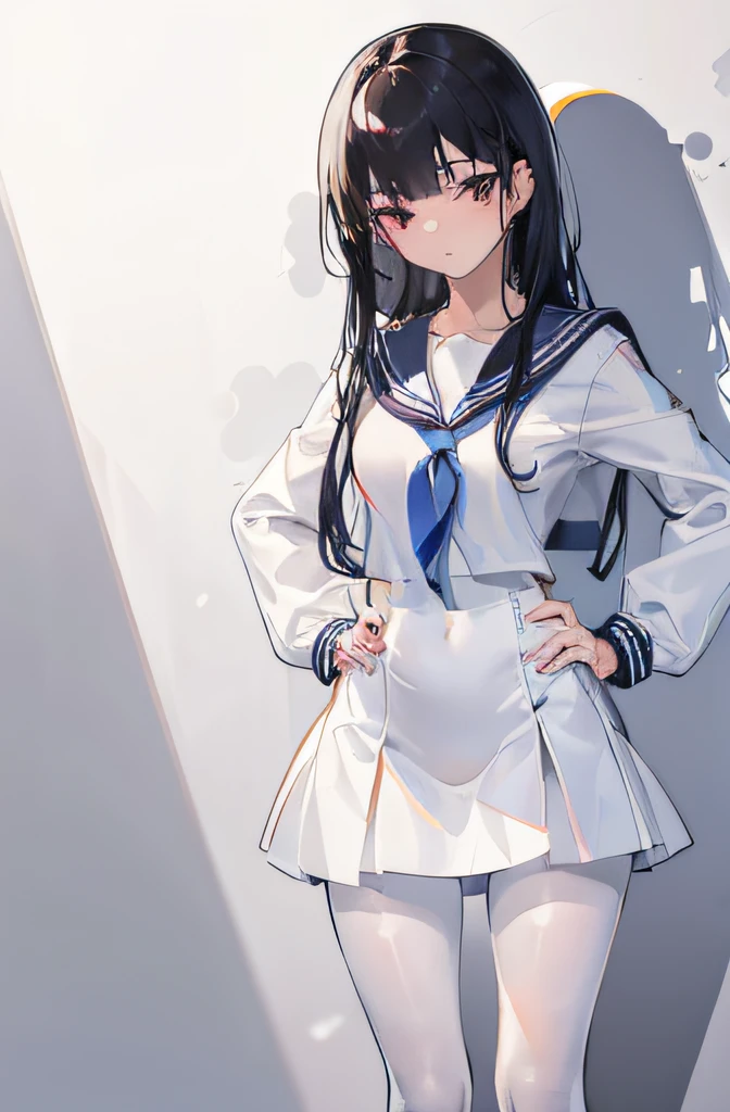 (((masterpiece, best quality))), 1girl, sailor suit, black hair, disheveled hair, mature, white pantyhose, shiny pantyhose, shiny skin, best lighting, best shadows, absurdres, standing, hands on hips, angry expression, very cute, miniskirt,