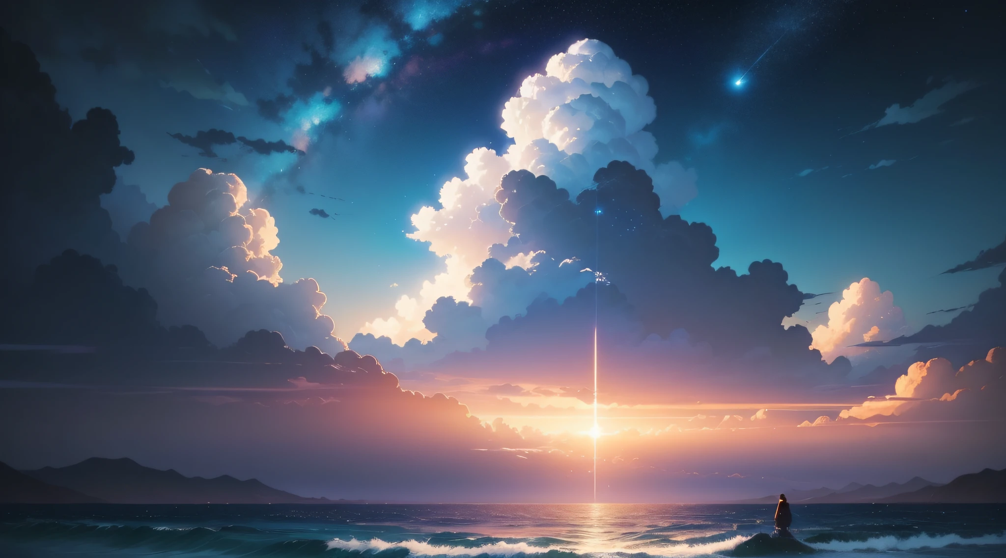 There is a painting of the sky with clouds and stars, cosmic sky. by makoto shinkai, Anime Sky, Blue Sea. by makoto shinkai, anime clouds, style of makoto shinkai, by Ross Tran. scenic background, in the style of makoto shinkai, By Shinkai Makoto. - H 2160, beautifull puffy clouds. Anime