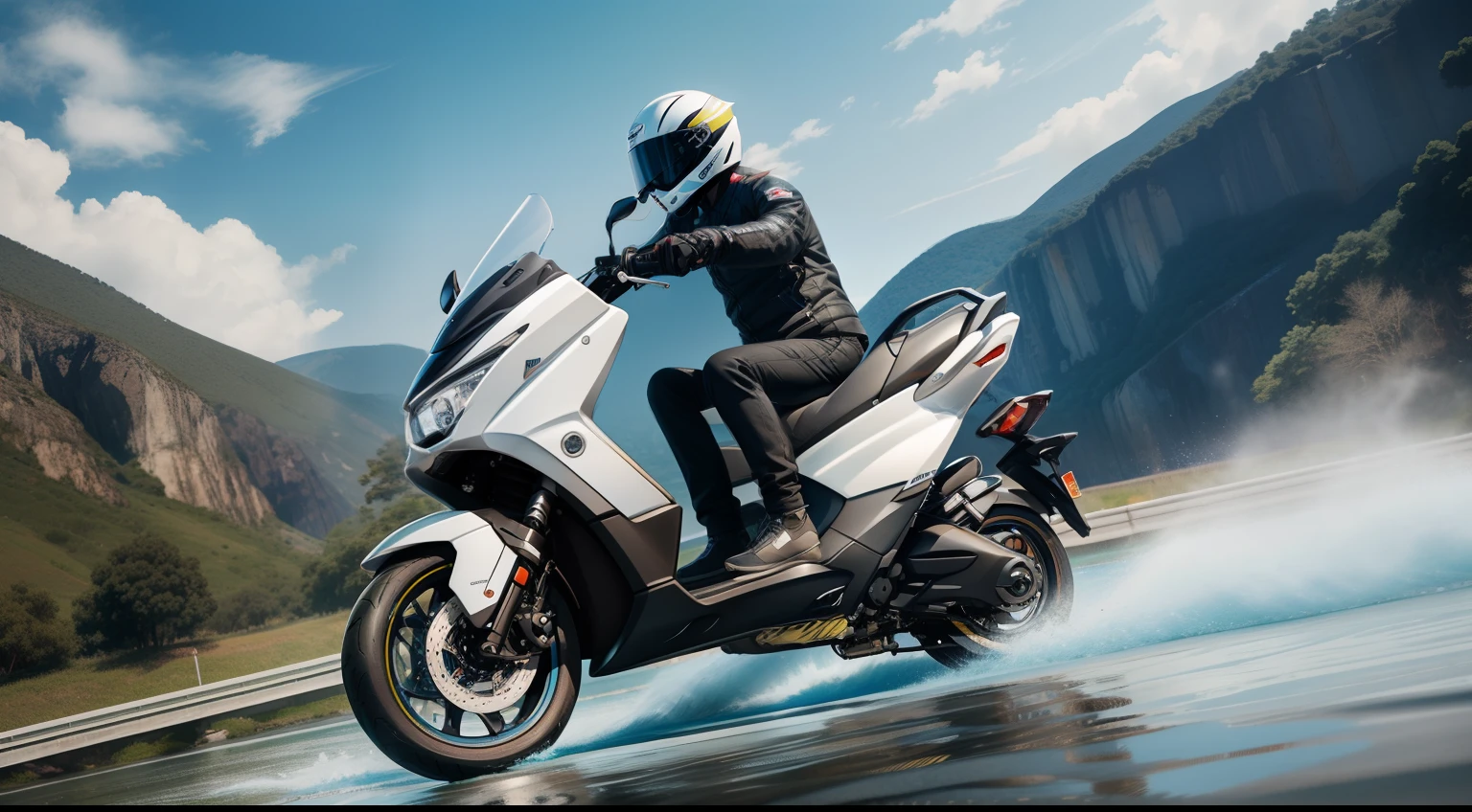 graphic design, flat design, 2022 Yamaha NMAX155 Motorcycle, passing through a river. wide image, watercolor splashes, highly detailed clean, photorealistic masterpiece, professional photography, realistic car, White background, isometric, vibrant color vector