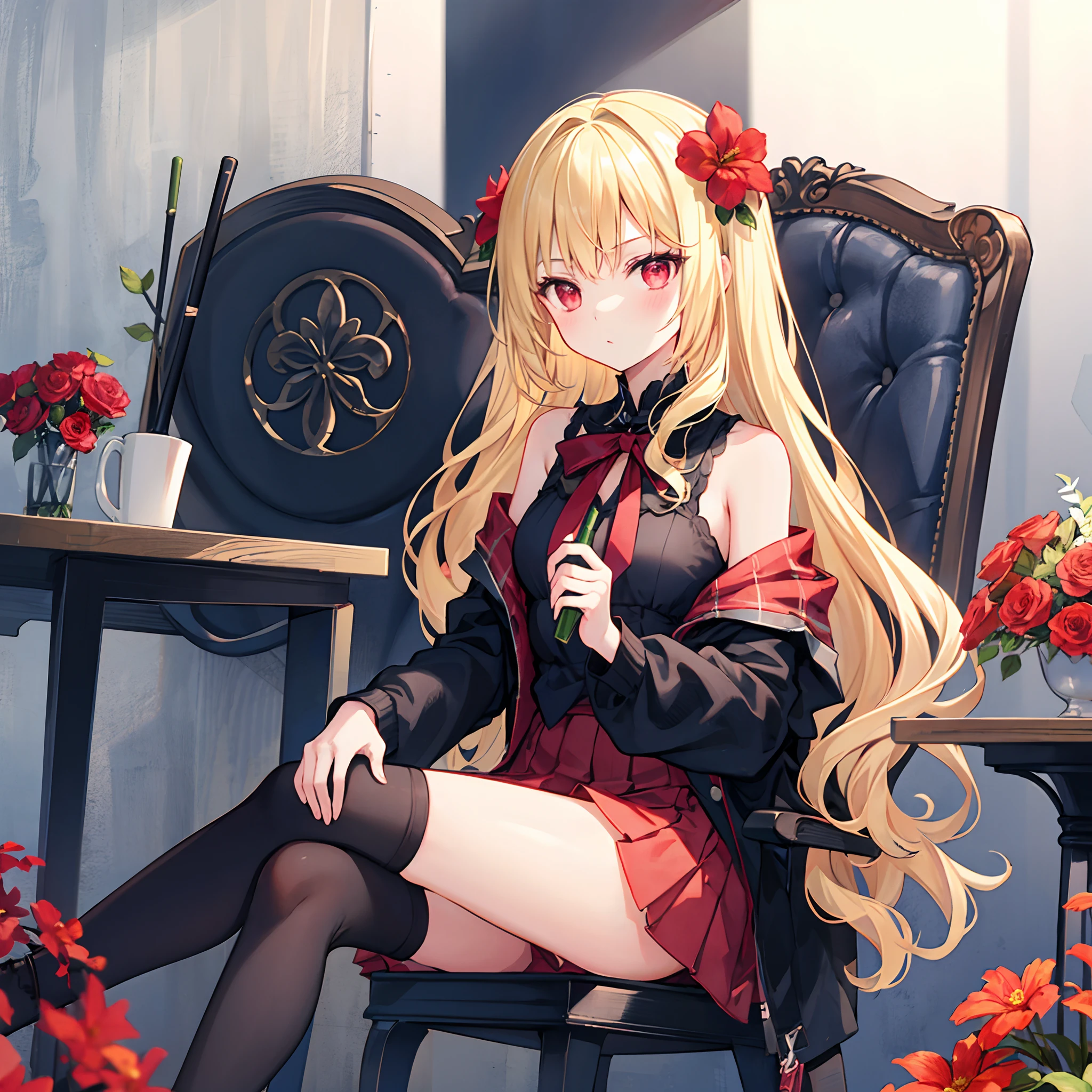 (extremely detailed 8K wallpaper),(ultra-detailed),(best quality),(masterpiece),(highly detailed),(cinematic lighting),(Original),Cold ligh,magenta eyes ,ink style,, smoking pipe, kiseru, holding a long smoking pipe, long sandy blonde hair,((Beautiful adult woman)),black dress with stockings,((slight smirk face)),(black socks), adult woman, beautiful earrings, falling red petals