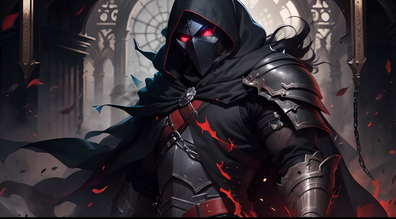 shadow knight ,male ,no face ,badass ,cool side pose ,black armor ,chains vest under black armor ,long red veil ,white frame eyes ,hold a silver white sword ,dark aura ,dark ,smoke ,ruined castle background,masterpiece ,best quality ,ultra-detailed ,high res ,8K ,detailed background