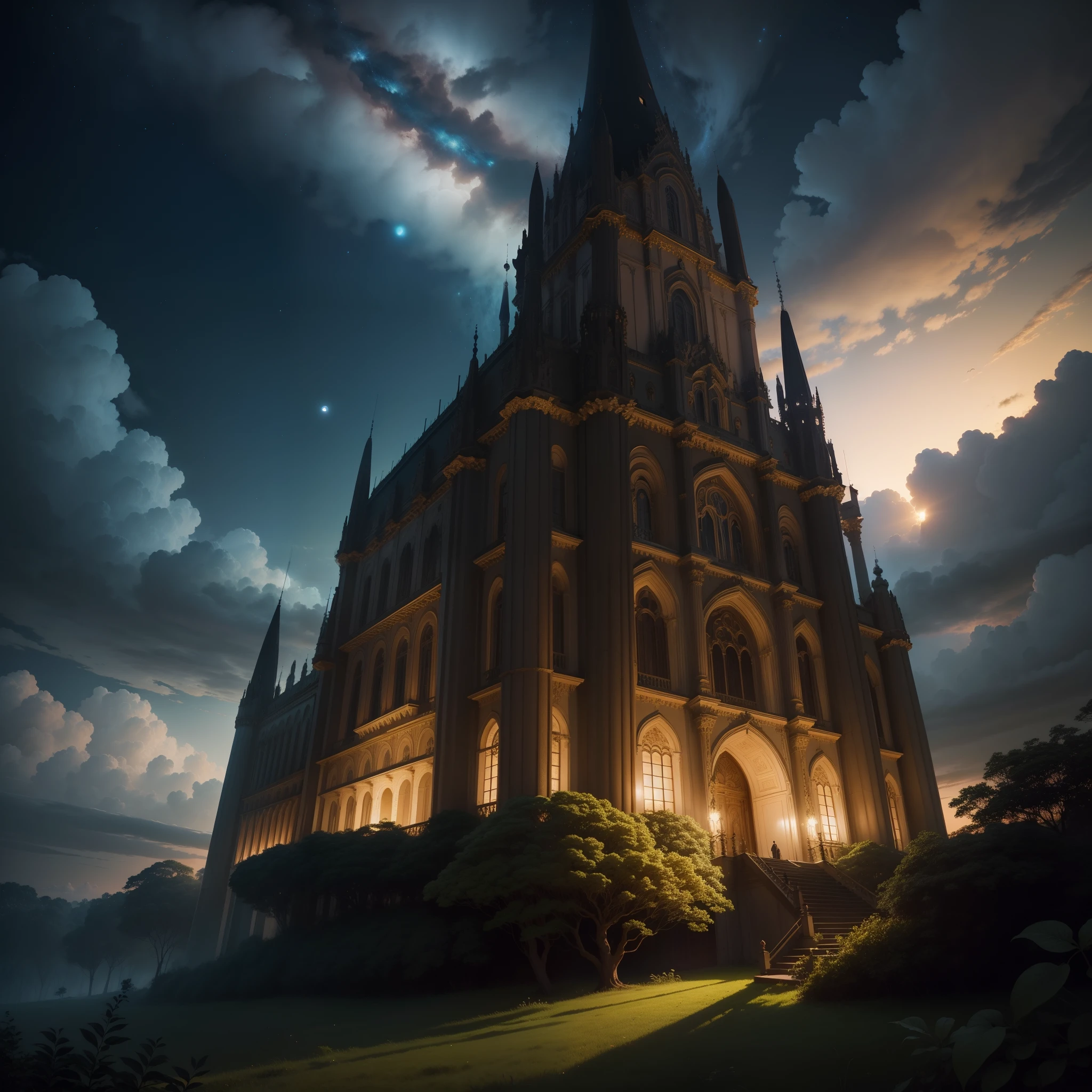 (master part),(melhor qualidade:1.0), (Ultra High Definition:1.0), Detailed illustration, noite, lua cheia, floresta, detailed sky, (Castelo Gigante Misterioso), imagem de profundidade