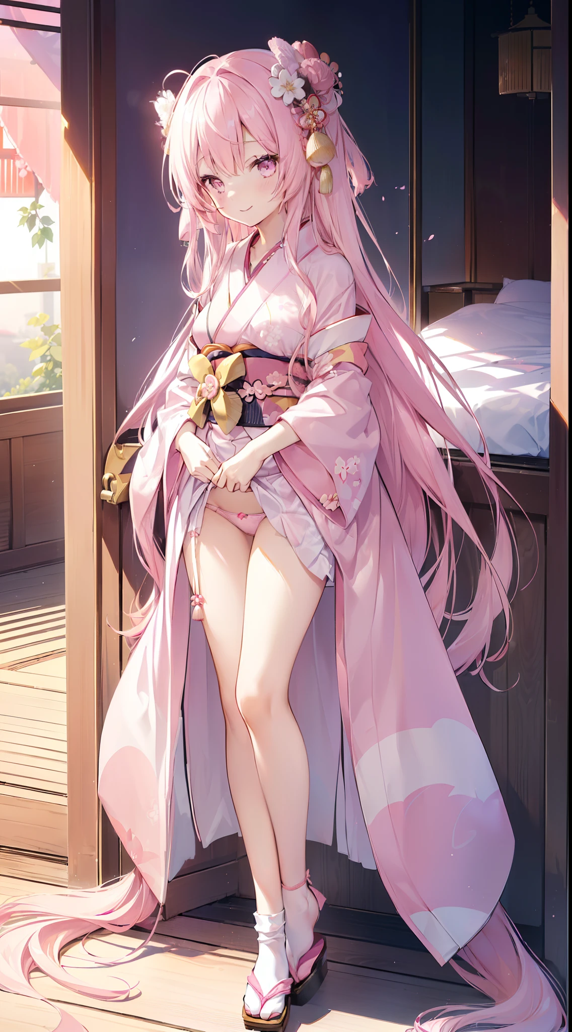 (((in upper and lower underwear on the way to take off the kimono)), (((half-taken kimono scattered)), (((There is also a kimono in the middle of taking off)), long kimono, ((smile)), (full body), (cute white Western-style room of a girl), (angle looking down from above)), beautiful [[beautiful Japan]] girl who is about to take off her kimono [[long pink hair]]--style anime girl, (((pink very long hair)), The front of the kimono is open to reveal the bra and panties.