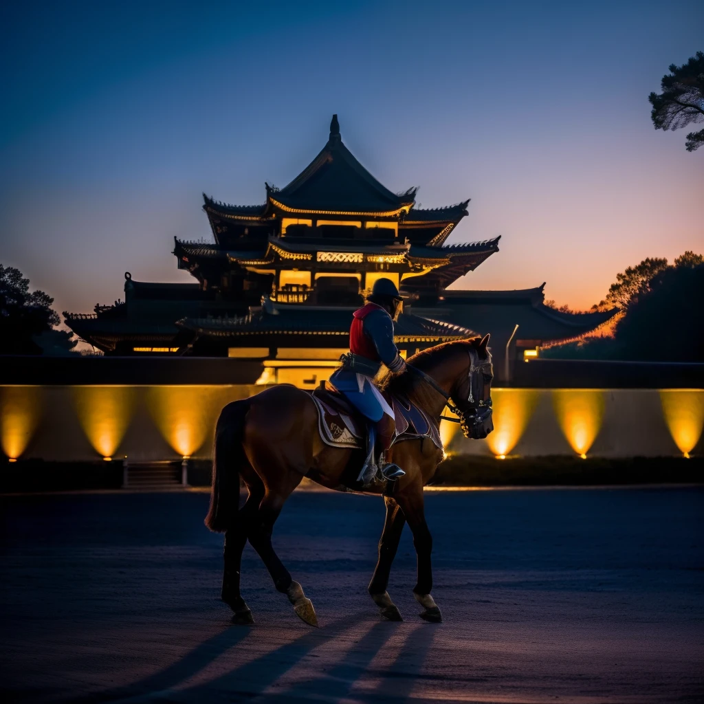 A man rides a horse towards an Asian castle, an elegant and skilled rider, under the moonlit night. The castle is a majestic and enchanting fortress, creating a mysterious and magical atmosphere. The scene is captured with a metallic, high-definition, digital camera