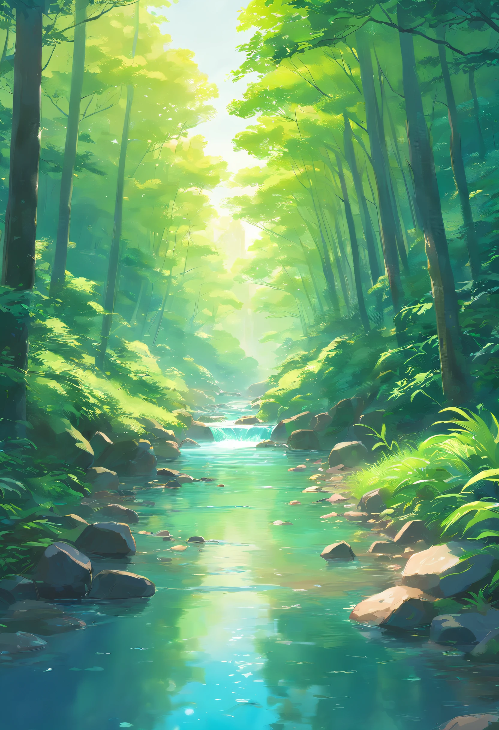 Close-up of a stream flowing through a lush green forest, ross tran. scenery background, ryan dyar, environment painting, Beautiful oil matte painting, photorealistic landscapes, 4k hd matte digital painting, 8 k resolution digital painting, 8k resolution digital painting, hyperrealistic landscape, inspired by Raphael Lacoste, Illustration matte painting, beautiful digital painting