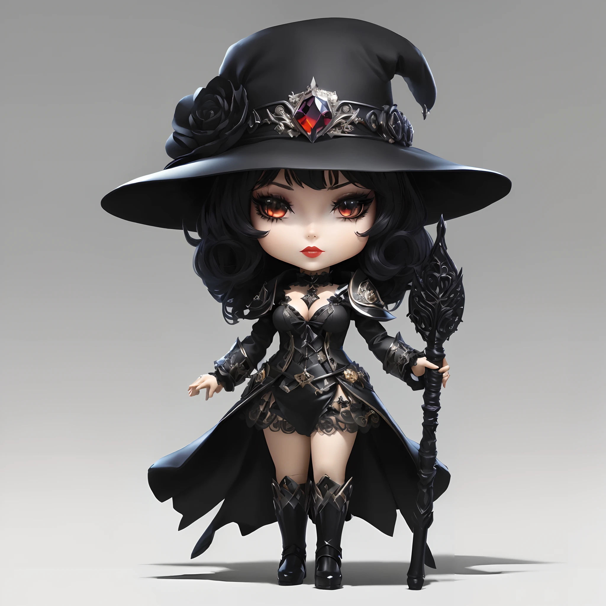 Close-up of a doll holding a hat and cane, dark witch character, fashionable dark witch, supervillain sorceress witch, black - haired mage, dark sorceress full view, very detailed character, evil sorceress witch, classical witch, Cute 2D Rendering, Mighty slim female magician, Cute 2D anime girl rendering