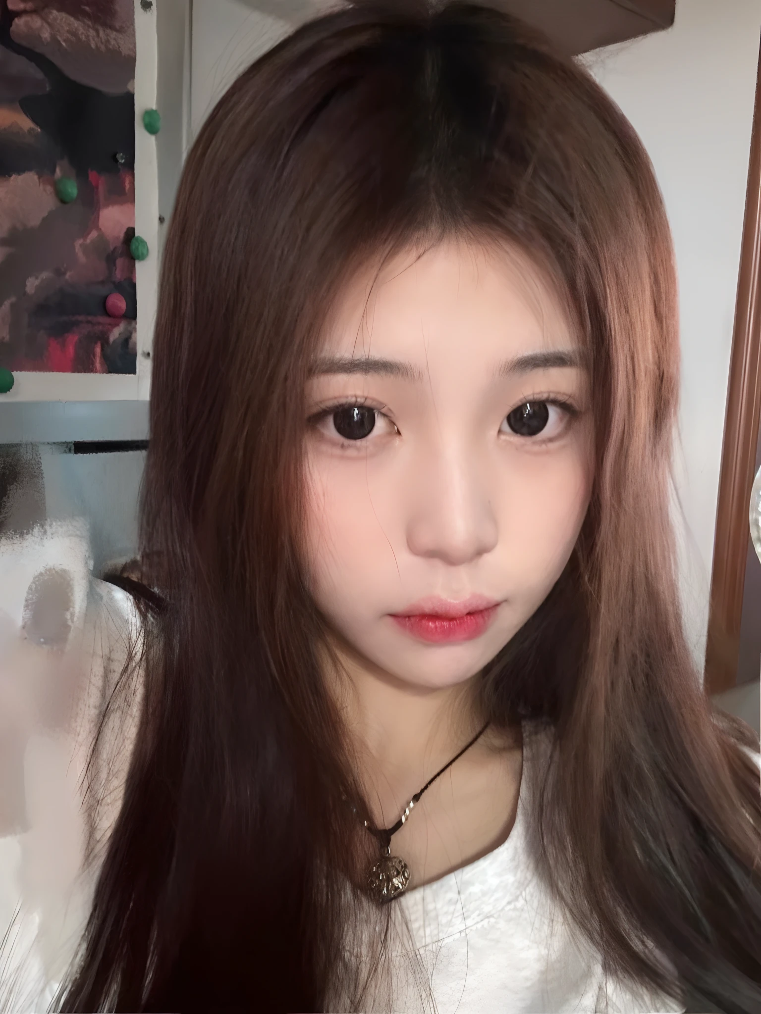 there is a woman with long hair and a necklace on, young cute wan asian face, Korean girl, with round face, south east asian with round face, ulzzangs, 19-year-old girl, young lovely Korean faces, xintong chen, wan adorable korean face, tzuyu from twice, girl cute-fine face, jaeyeon nam