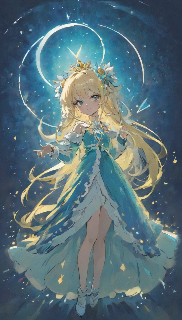 the night,Dark blue sky,White floral dress,Dignified,slim,standing on your feet,legs crossed, cabelos preto e longos, long hair and waist, Beautiful age girl, oh, god, Divinity, White headgear,Stand in the attic,Hairline,oblique bangs, shairband, hair adornments, forehead gem, Paulai Gem Branch, crescent-shaped hair ornament, Fish hair ornament, godrays, glitters, cinmatic lighting, lens glare, nffsw, high detal, high quarity, hight resolution, best qualtiy, 8K, 16 K, high detal, high quarity, super detailing, anatomy correct, tmasterpiece,((Full body)), ((From below))