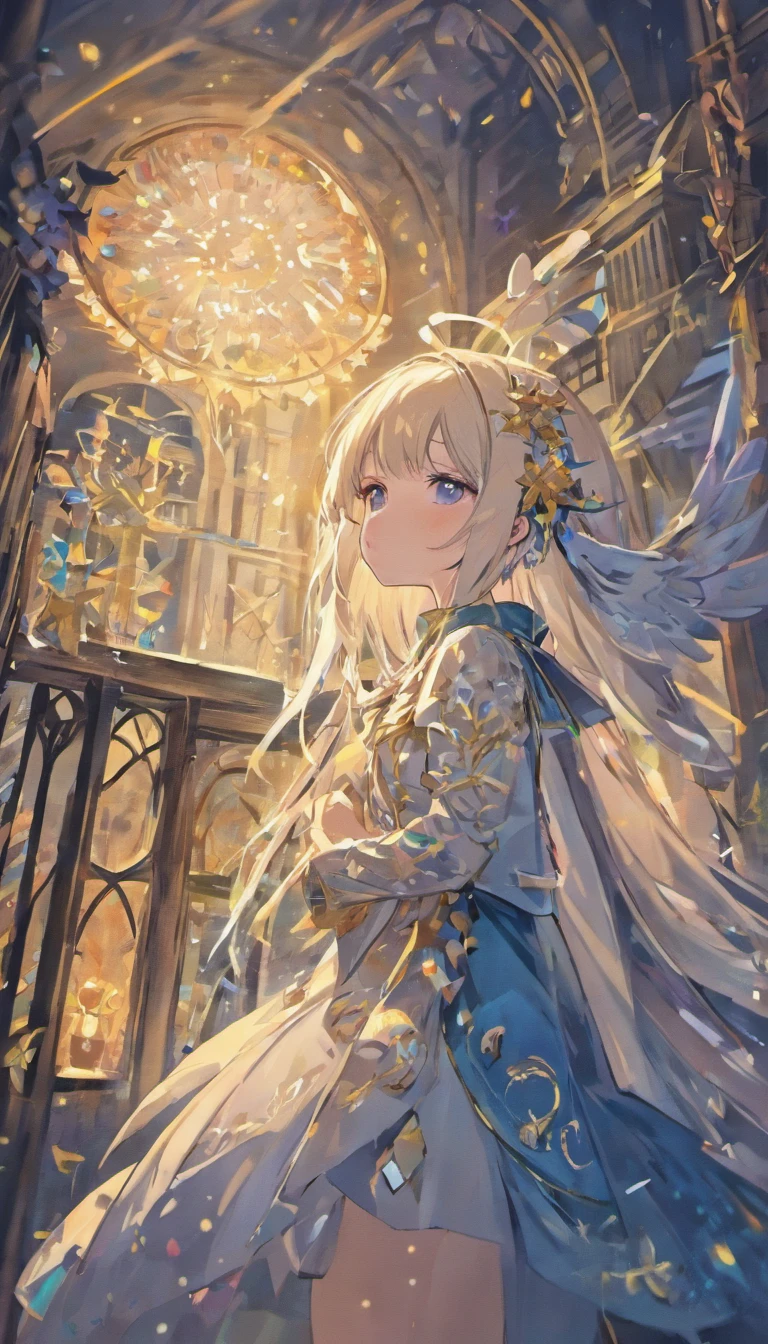 the night，Dark blue sky，White floral dress，Dignified，slim，standing on your feet，legs crossed, cabelos preto e longos， long hair and waist， Beautiful age girl， oh, god， Divinity， White headgear，Stand in the attic，Hairline，oblique bangs， shairband， hair adornments， forehead gem， Paulai Gem Branch， crescent-shaped hair ornament， Fish hair ornament， godrays， glitters， cinmatic lighting， lens glare， nffsw， high detal， high quarity， hight resolution， best qualtiy， 8K， 16 K， high detal， high quarity， super detailing， anatomy correct， tmasterpiece，((Full body)), ((From below))