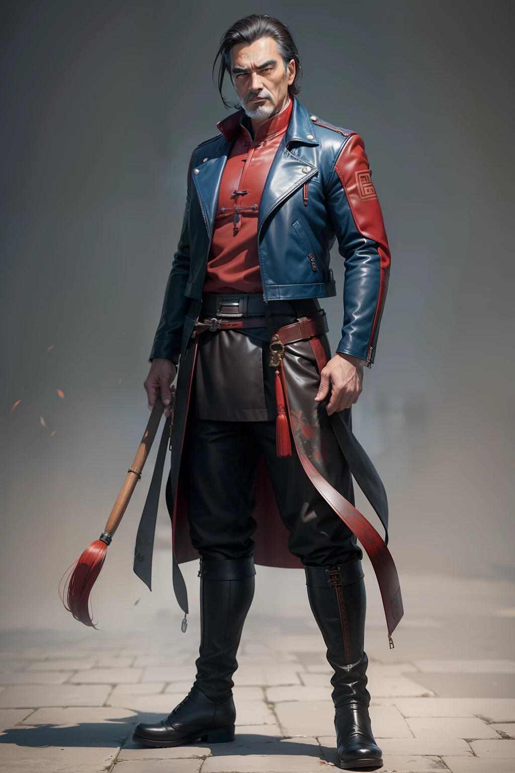 Two-dimensional painting style,Ancient Chinese wind,Mature male,uncle,with short dark brown hair,Blue pupil,Black and red color hunting leather jacket,tigh-high boots,Tall and strong